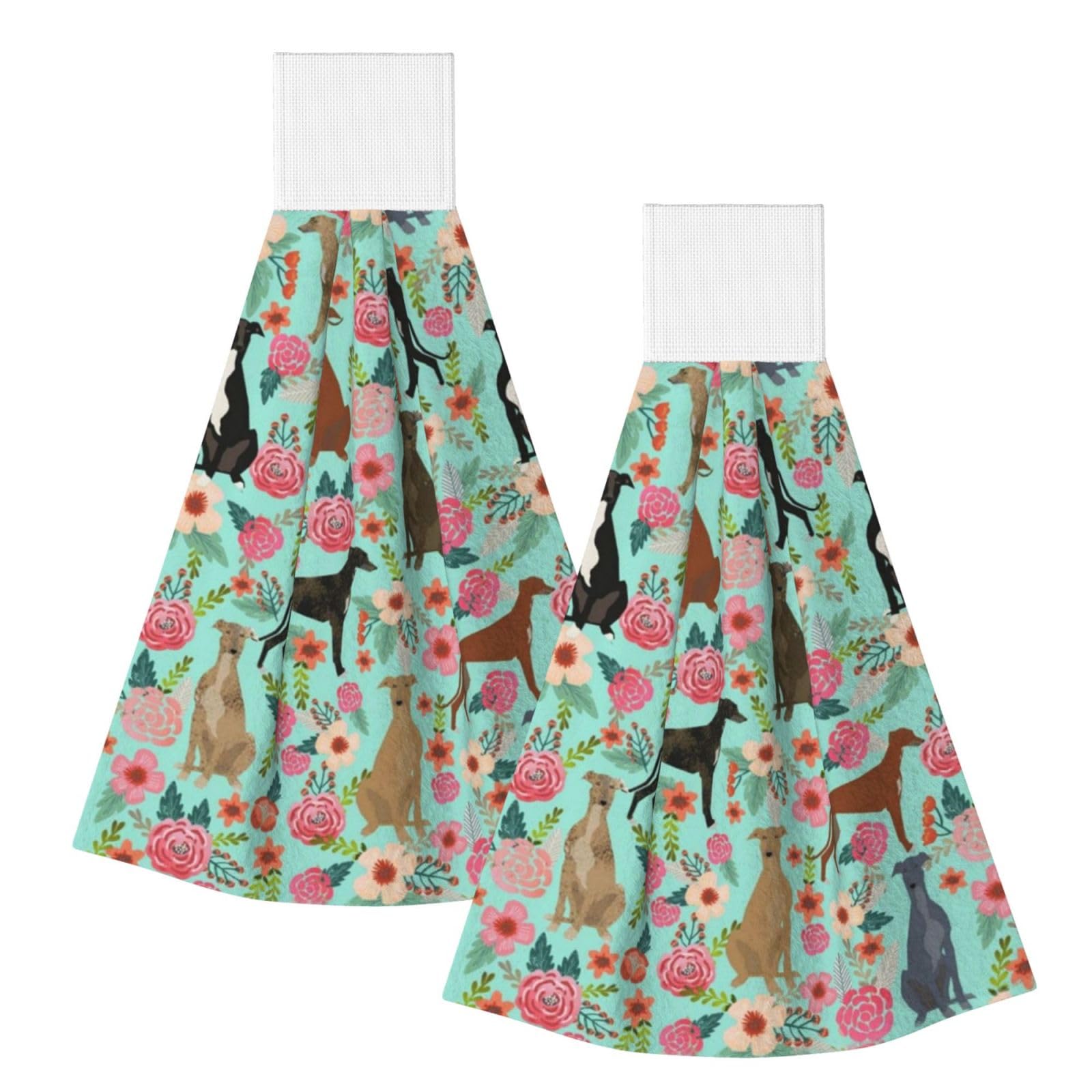 DOPKLNA Greyhounds Florals, 2 Pcs Hanging Coral Fiber Hand Towels for Bathroom, Absorbent Kitchen Towels
