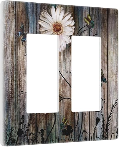 Miniatura 138 de Cubierta de interruptor de luz basculante de palanca de 2 bandas con textura de tablón rústico, diseño floral de mariposa y margarita