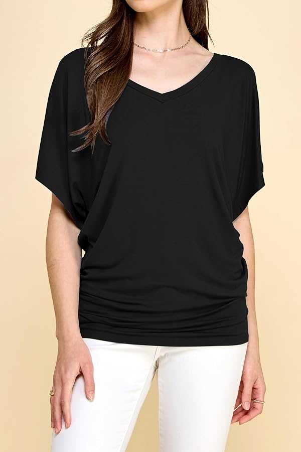 Lock and Love LL WT1038 Women's Versatile Casual Short Sleeve Dolman Top – Loose Fit V-Neck T-Shirt XXXL Black by Lock and Love - Used condition - US$15.60