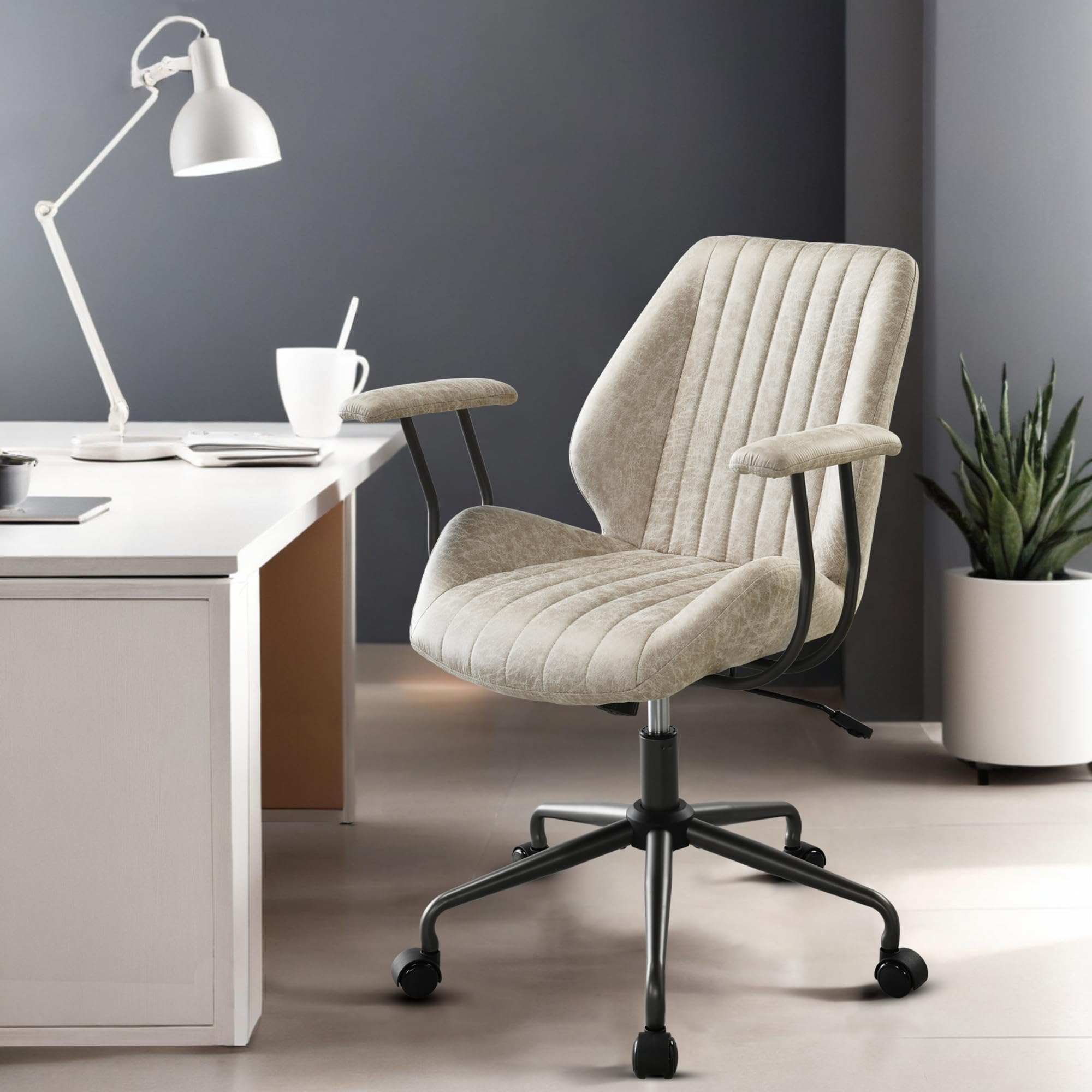 Mid Back Home Office Chair, Mid Century Modern Executive Chair, Comfy Ergonomic Rolling Office Desk Chair with Lumbar Support, Faux Leather Office Chair, Beige