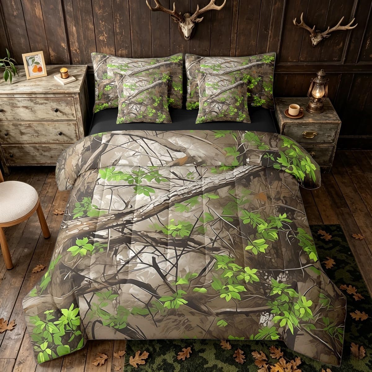 Erosebridal Camo Leaves Grey Green Men Women Comforter Set Queen Size 7 Pieces | Hunting Woodland Bed in A Bag Rustic Farmhouse Bed Set Adults Teens Bedding