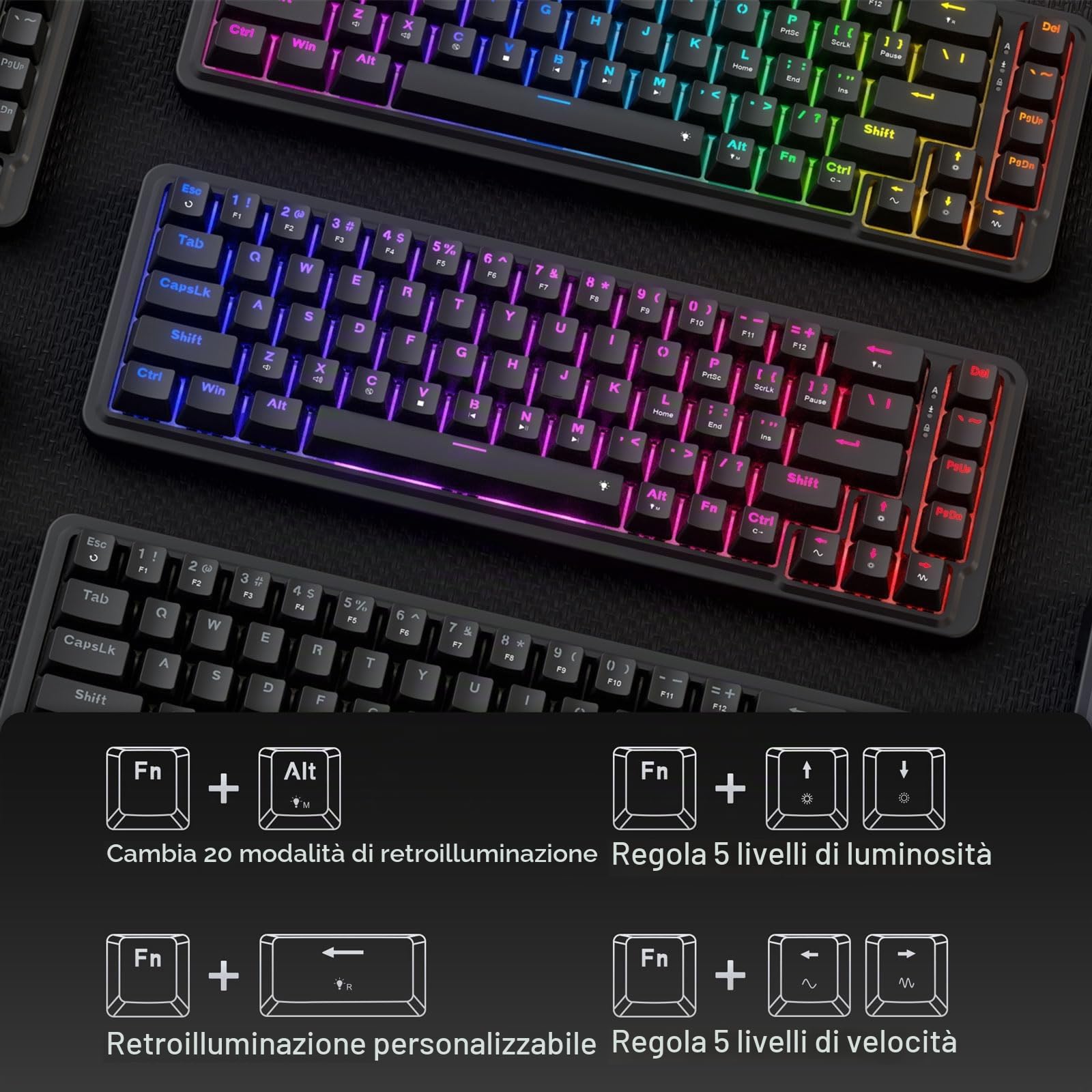 Redragon K709 Tastiera da Gioco RGB Cablate 65%, Meccanica Hot-Swap 68 Tasti, Smorzamento Rumore a 3 Strati, US Layout