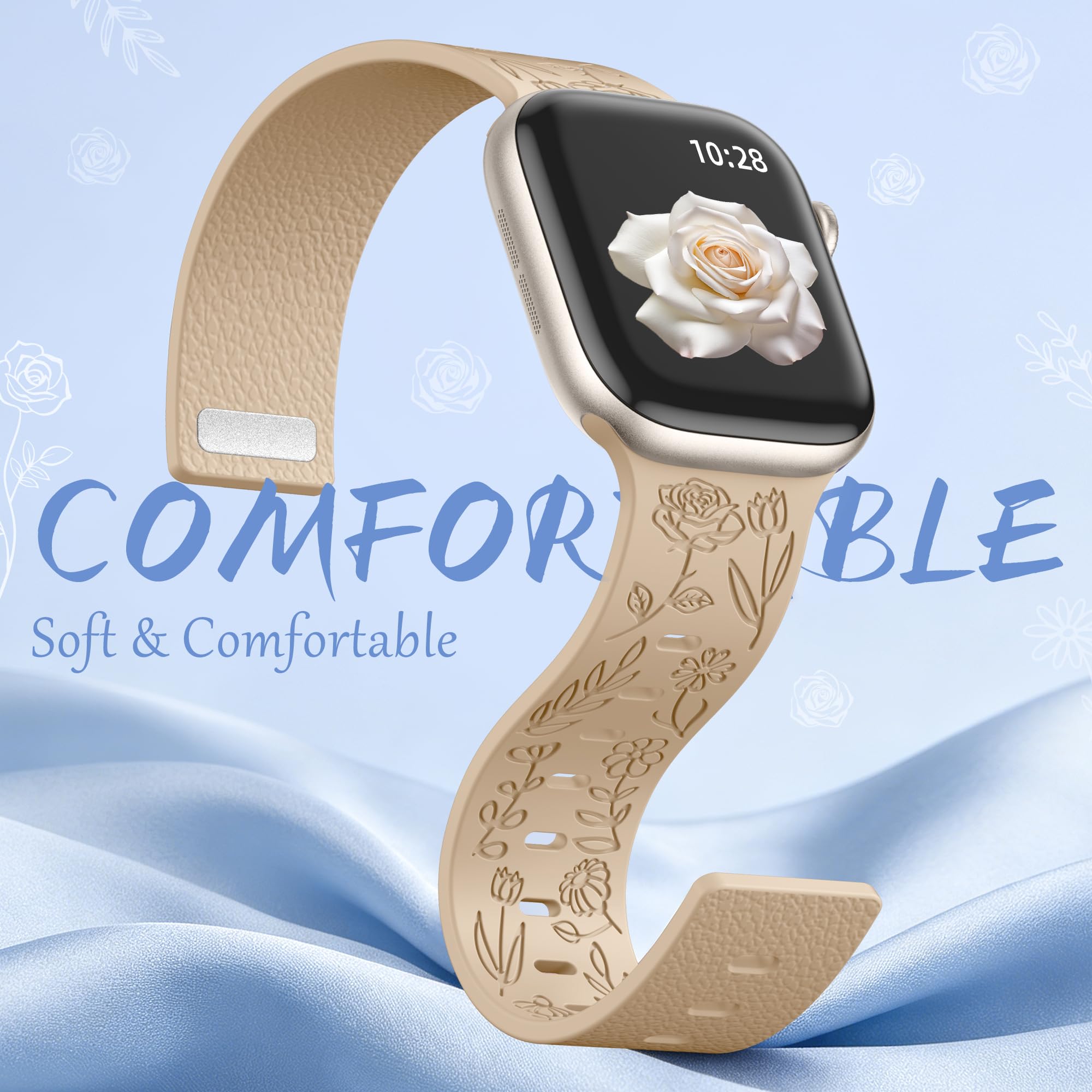 Bracelet magnétique en silicone à motif floral compatible avec les bracelets Apple Watch pour femme 40 mm, 42 mm, 41 mm, 38 mm, 44 mm, 45 mm, 46 mm, 49 mm, bracelet magnétique de sport à motif floral