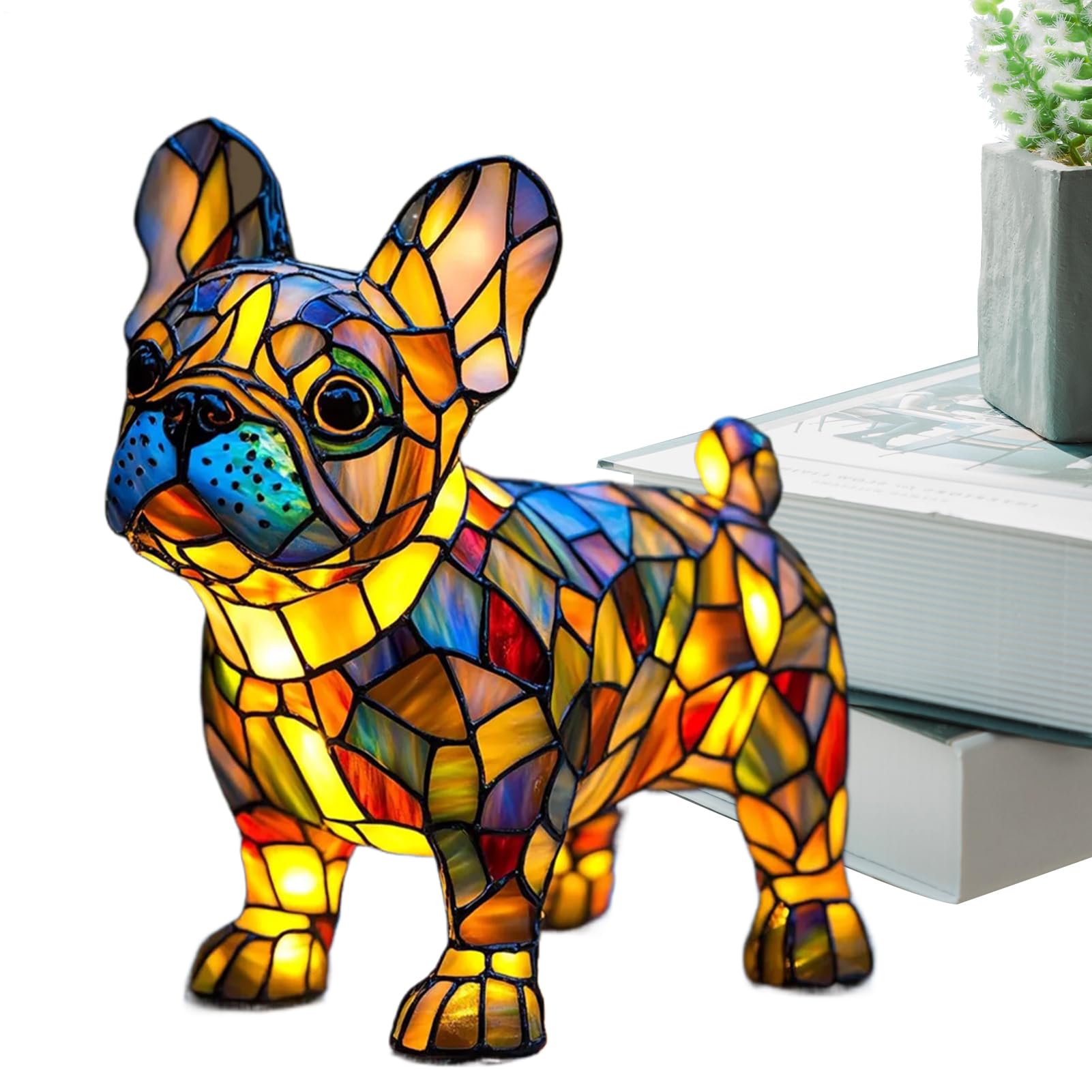 Duqulle Dachshund Lamp Stained Glass, Cat Table Lamp, Colorful Resin Bulldog Tabletop Night Light, Cute Pet Themed, Vintage Animal Night Light for Home Bedroom Living Room Decoration