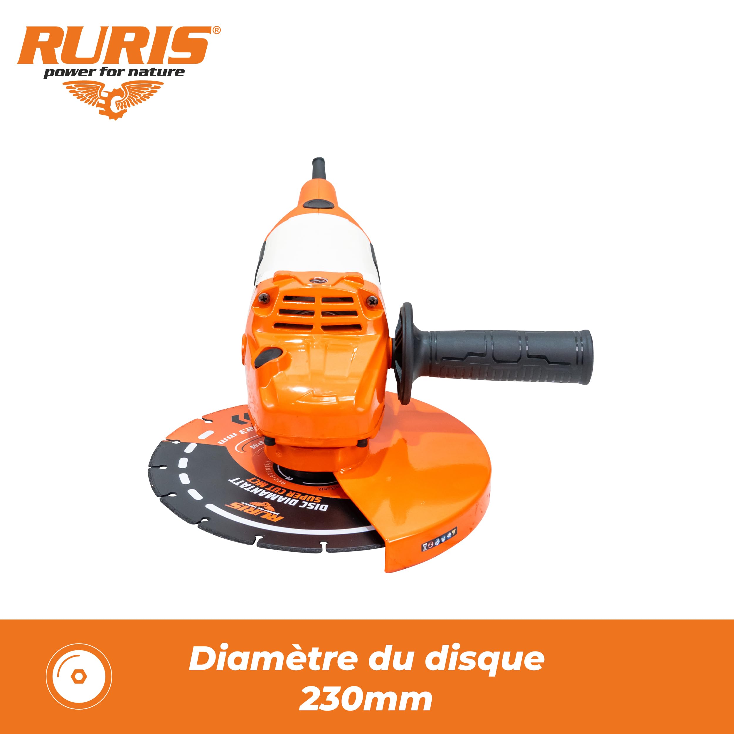 RURIS Amoladora angular eléctrica RA2400S 2400W, disco de 230 mm, Soft Start, mango suave agarre ajustable, potente herramienta para corte y pulido de metal, hormigón, piedra, madera