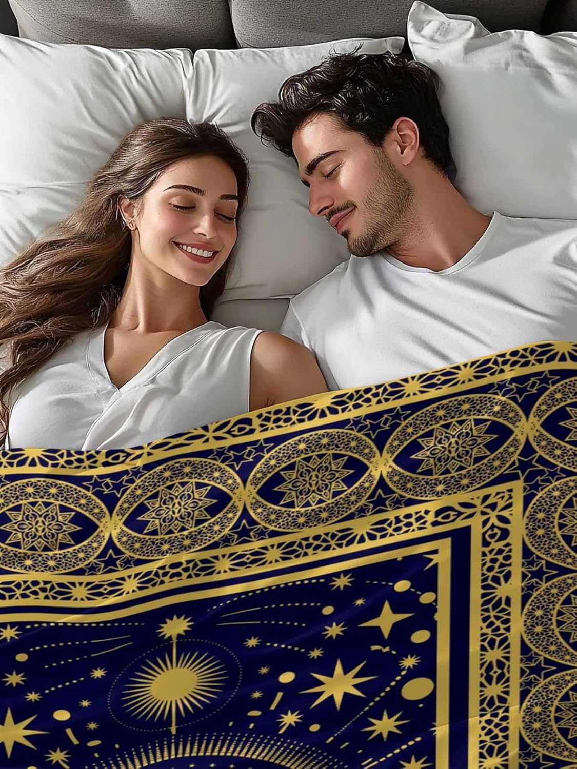 King Flat Sheet Only Bed Sheets Yellow Moon Star Dark Blue Microfiber Breathable Bedding Flat Sheet, Traditional Ethnic Style Soft Top Sheets for Bedroom Living Room Sofa