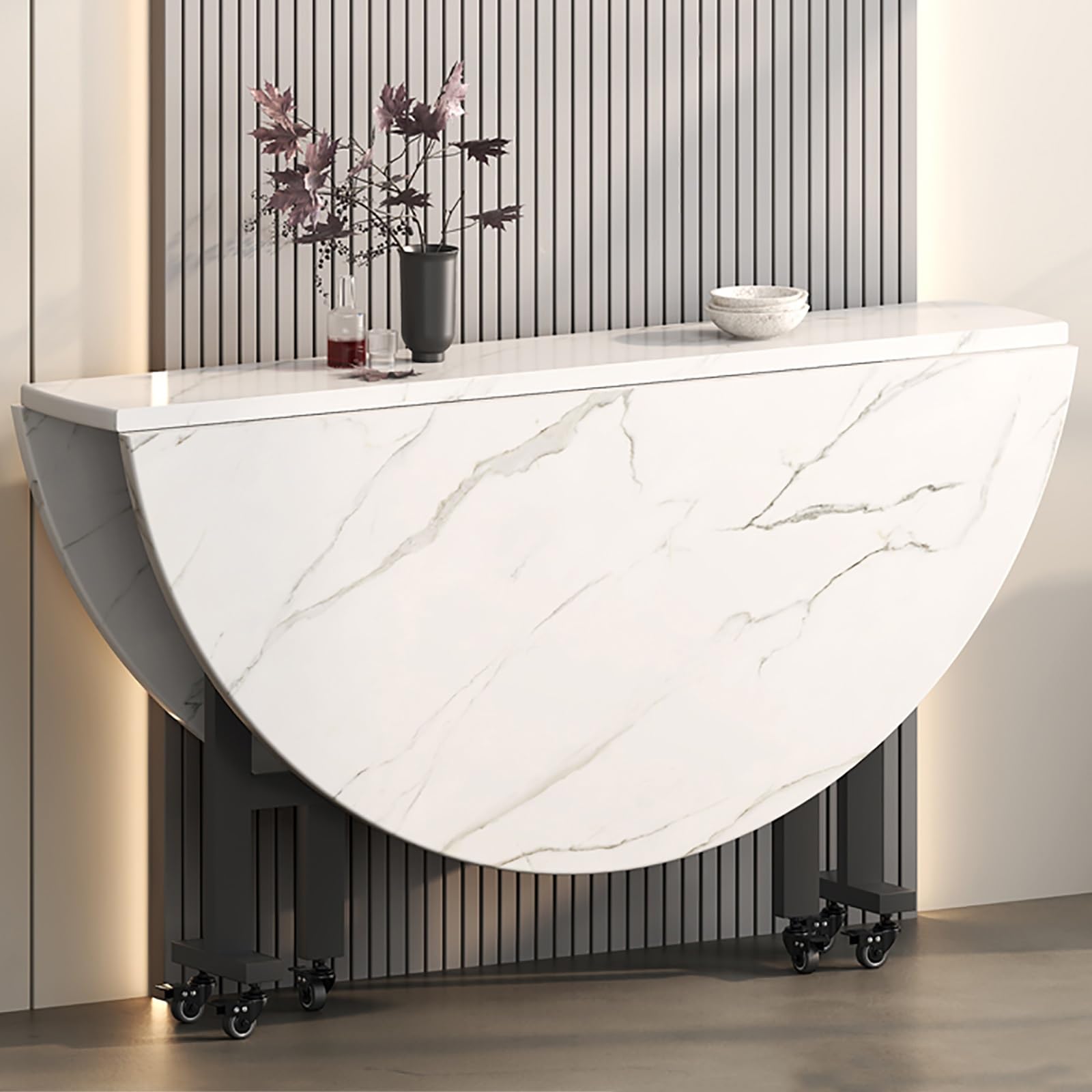 Table Ronde Extensible Bianco 120x75cm | Table Pliante de Cuisine à Roues