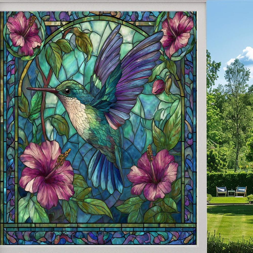 Colorful Hummingbird Stained Glass Window Film, Natural Hibiscus Flower Bird Peel and Stick Privacy Film, Frosted Adhesive Vinyl Decorative for Bathroom Windows Glass Doors,（50x100cm）