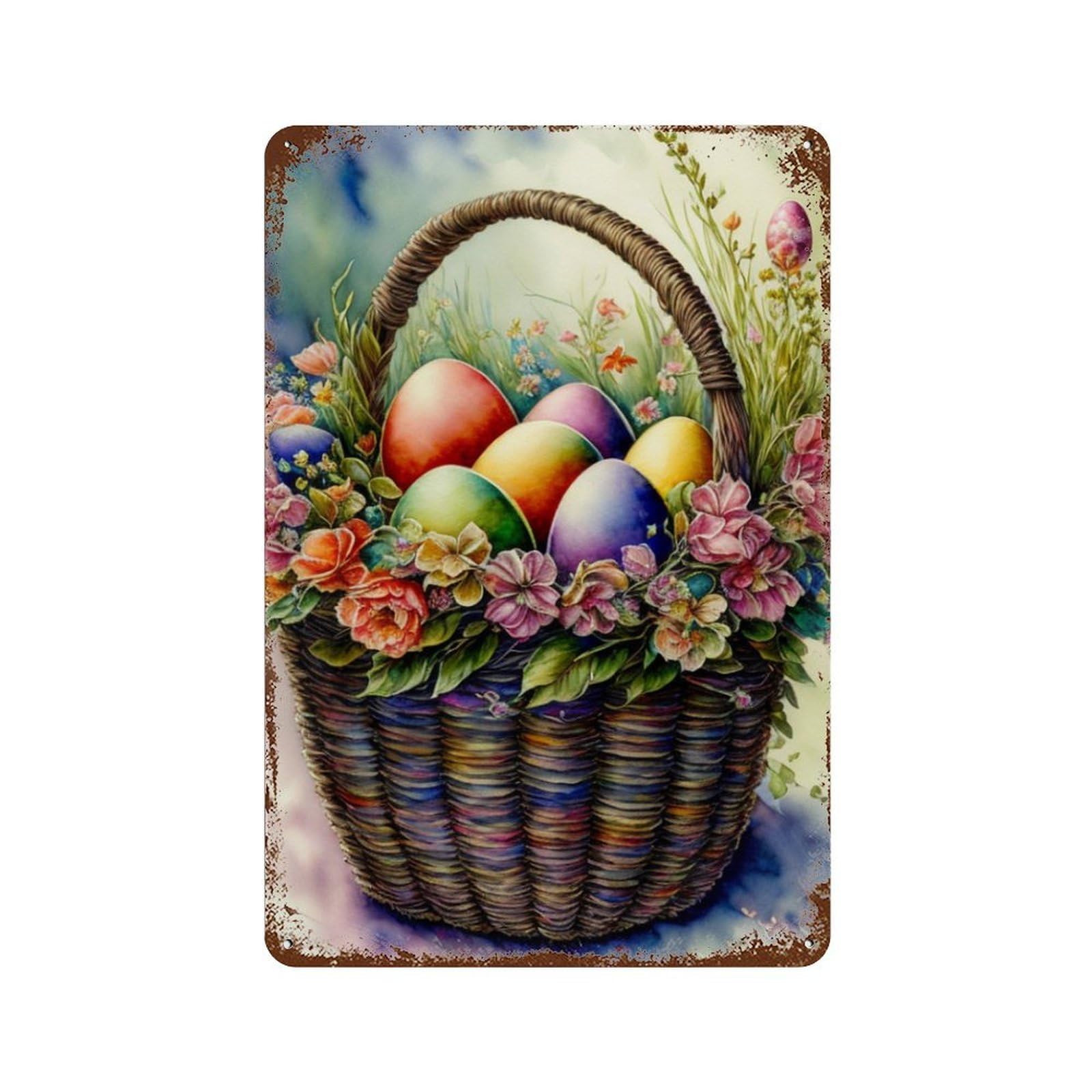 Easter Basket with Eggs And Flowers 11.8"x7.9" Distressed Metal Wall Sign, Shabby Chic Decor for Shed, Workshop And Garage Wall Decor