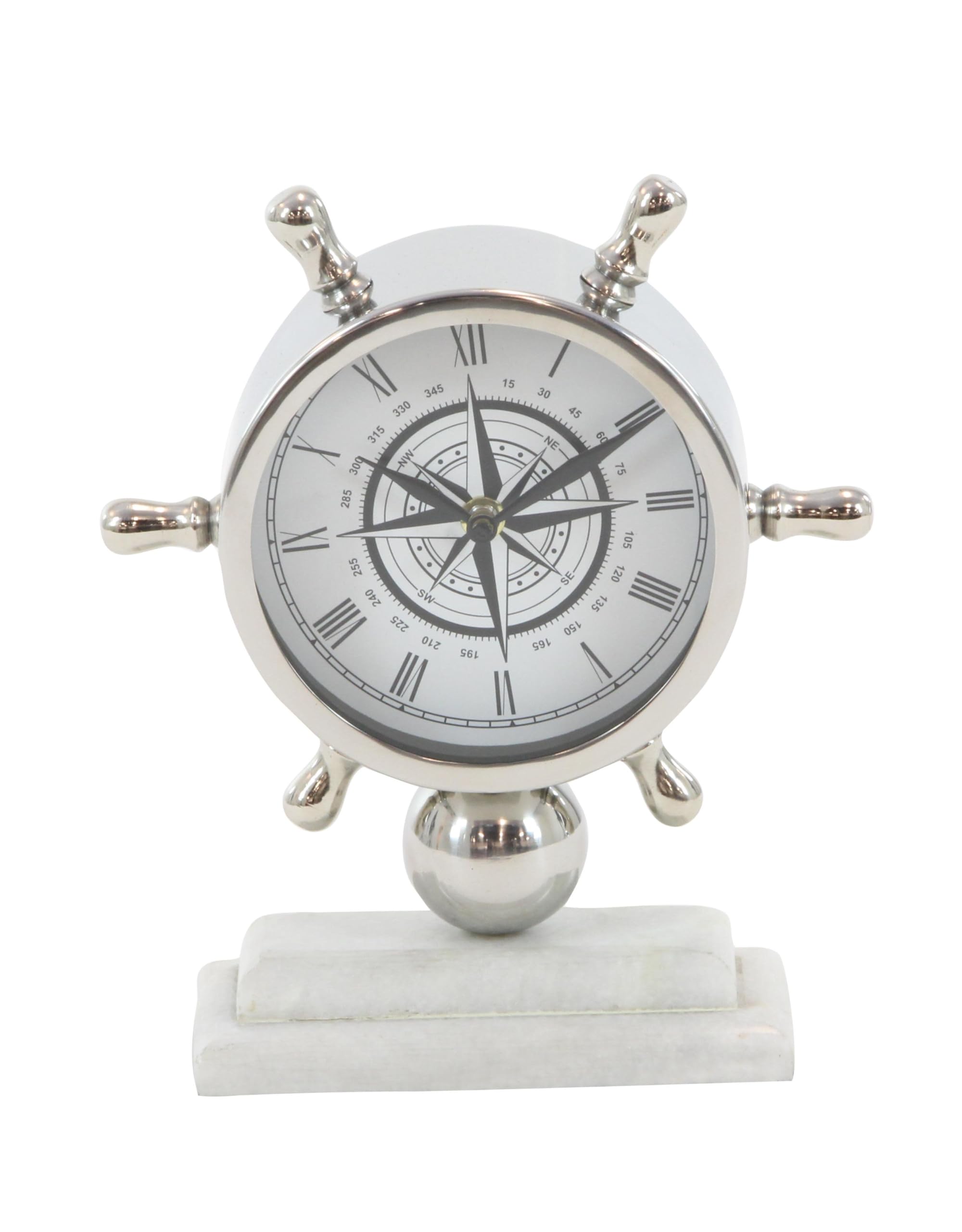 Deco 79 Stainless Steel and Marble Ships Wheel Table Clock, Silver/White, 8" x 9"