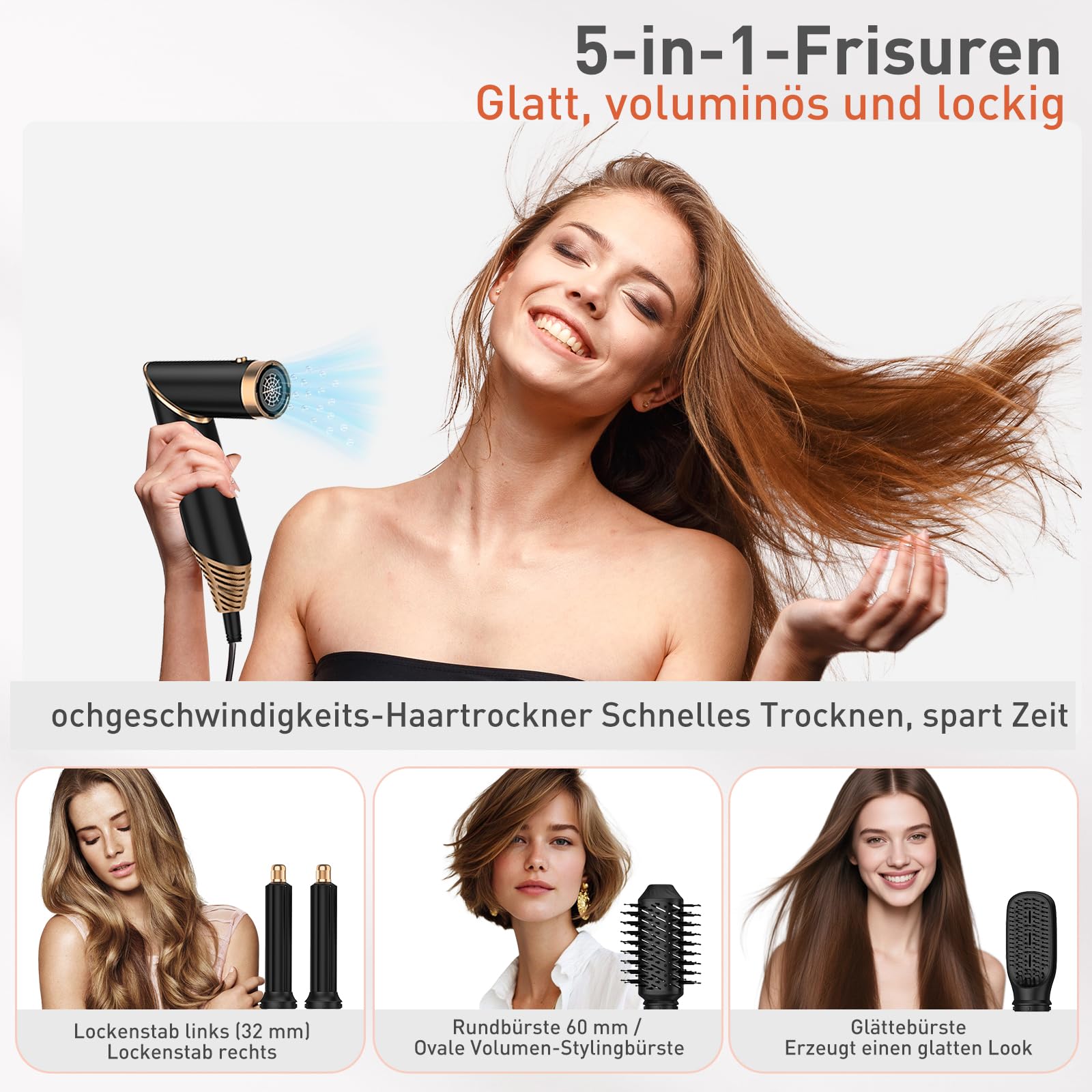 TANSHINE 5-in-1 Hairstyler faltbar 1000W Ionen Heißluftbürste | Klappbar, 5 Styling-Aufsätze, 1000W, Dual Voltage, 3 Temperaturen, Ionen, 1kg