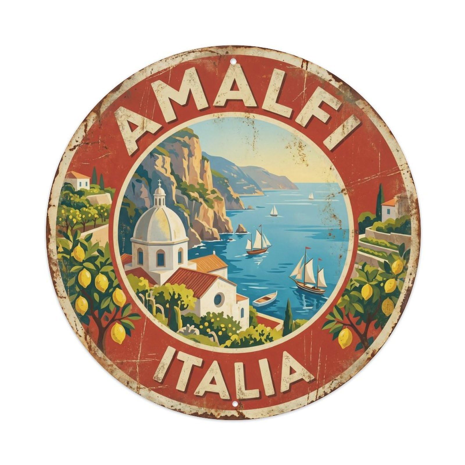 Vintage Travel Amalfi Cathedral Mediterranean Metal Tin Sign Plaque Wall Decor for Cafe, Club Bar, Office, Home Garden Round Metal Poster 8x8Inch