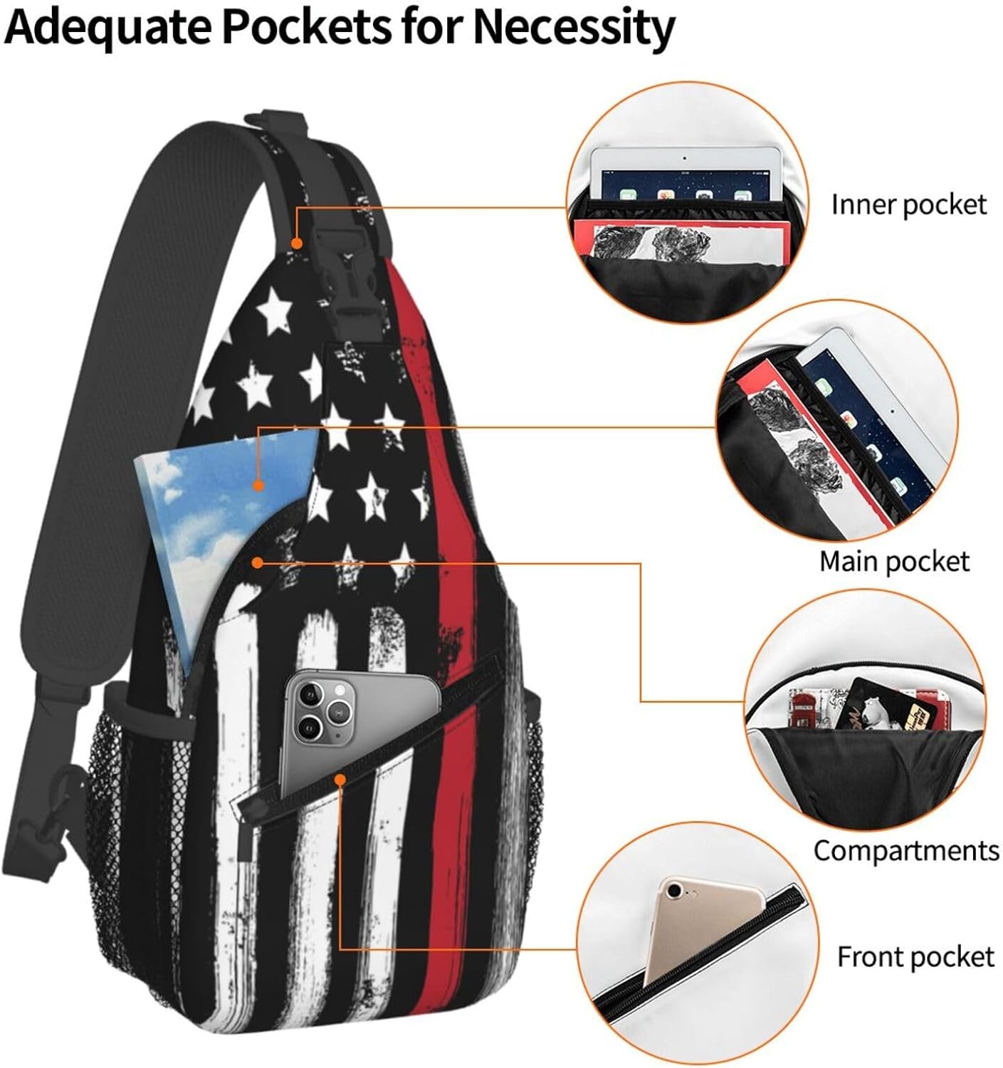 American Flag Thin Red Line Firefighter Outdoor Crossbody Shoulder Bag For Unisex Young Adult Hiking Bicycling
