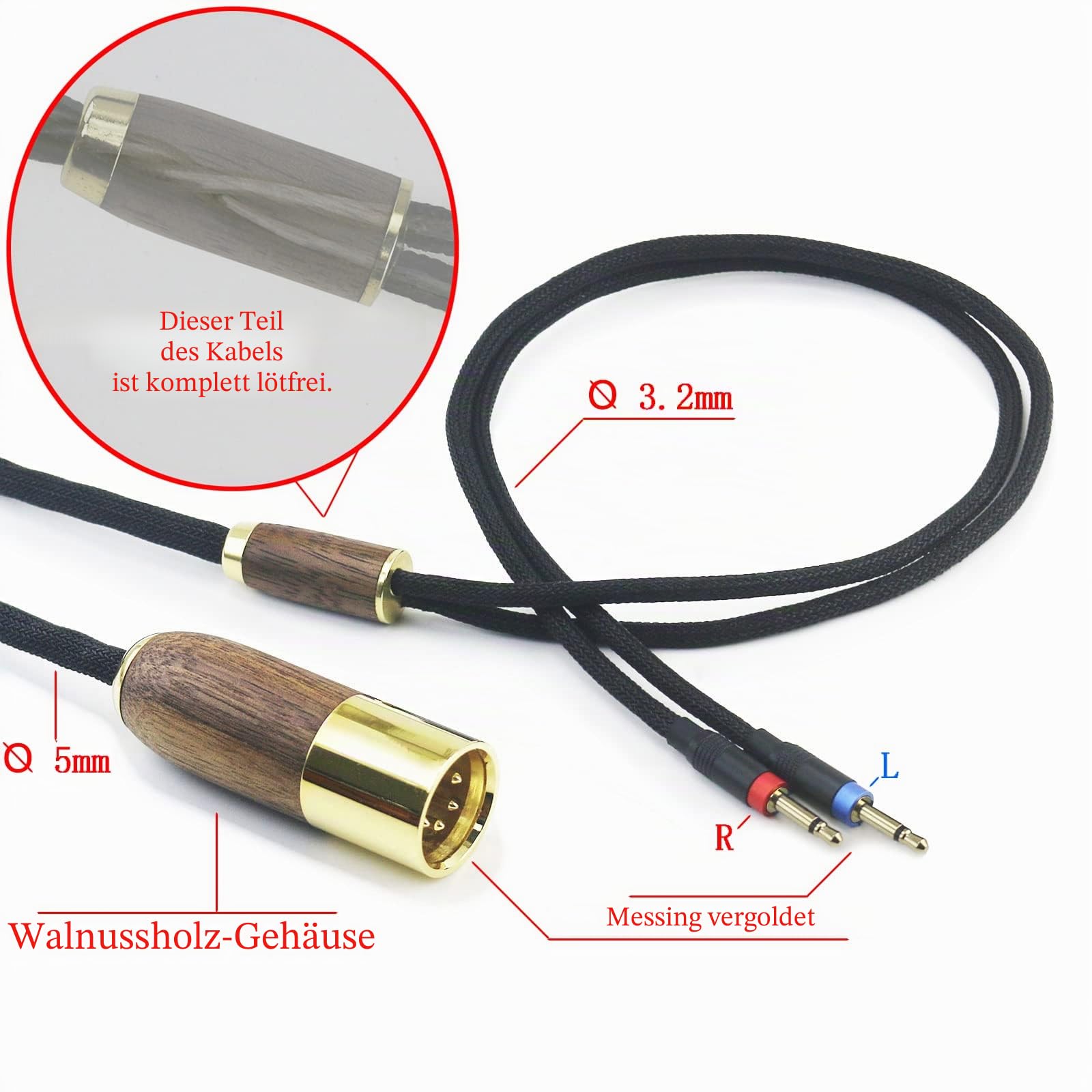 4-poliges XLR symmetrisches Kabel 6N OCC Kupfer versilbertes Kabel Walnussholzschale Kompatibel mit Monolith M1060, M1060C, M565, M565, für AudioQuest NightHawk Kopfhörer (2X 2.5mm Version)