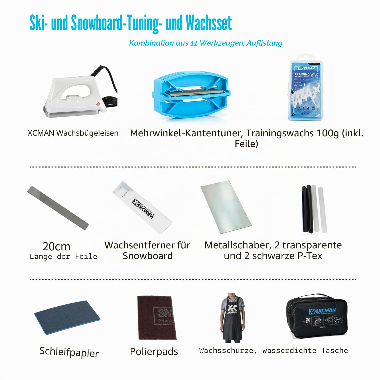 XCMAN Komplettes Ski Snowboard Tuning und Waxing Kit mit Wachseisen, Universalwachs, Kantenstimmer, Bürste, Wachsschaber, Ptex