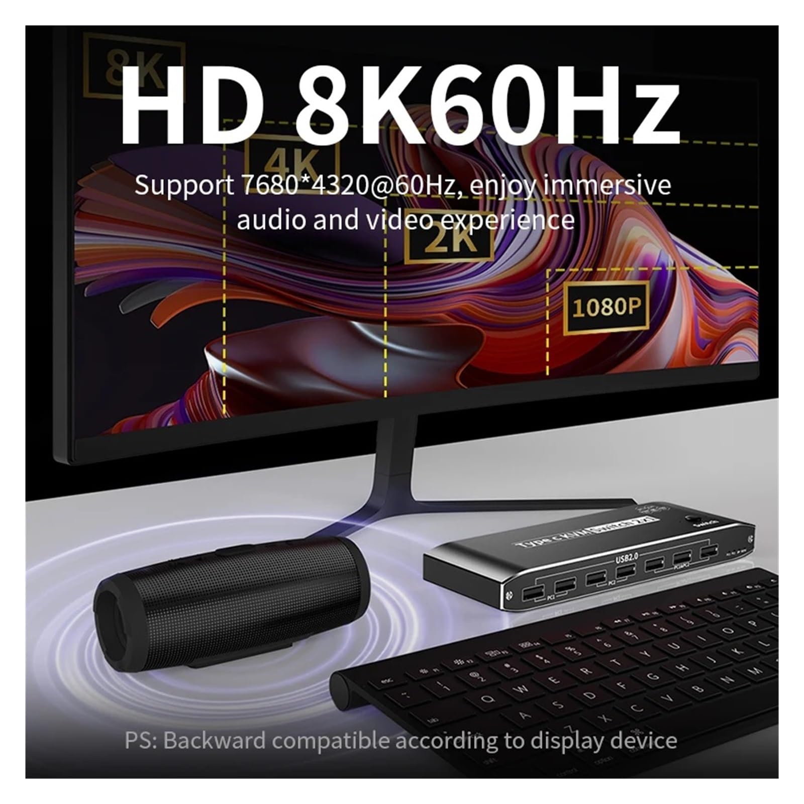 Commutateur KVM Commutateur KVM USB C vers HMI DP 3500W 8K, commutateur vidéo 4K120Hz avec Port réseau RJ45 PD 100W, Charge for 2 PC vers 1 Moniteur TV