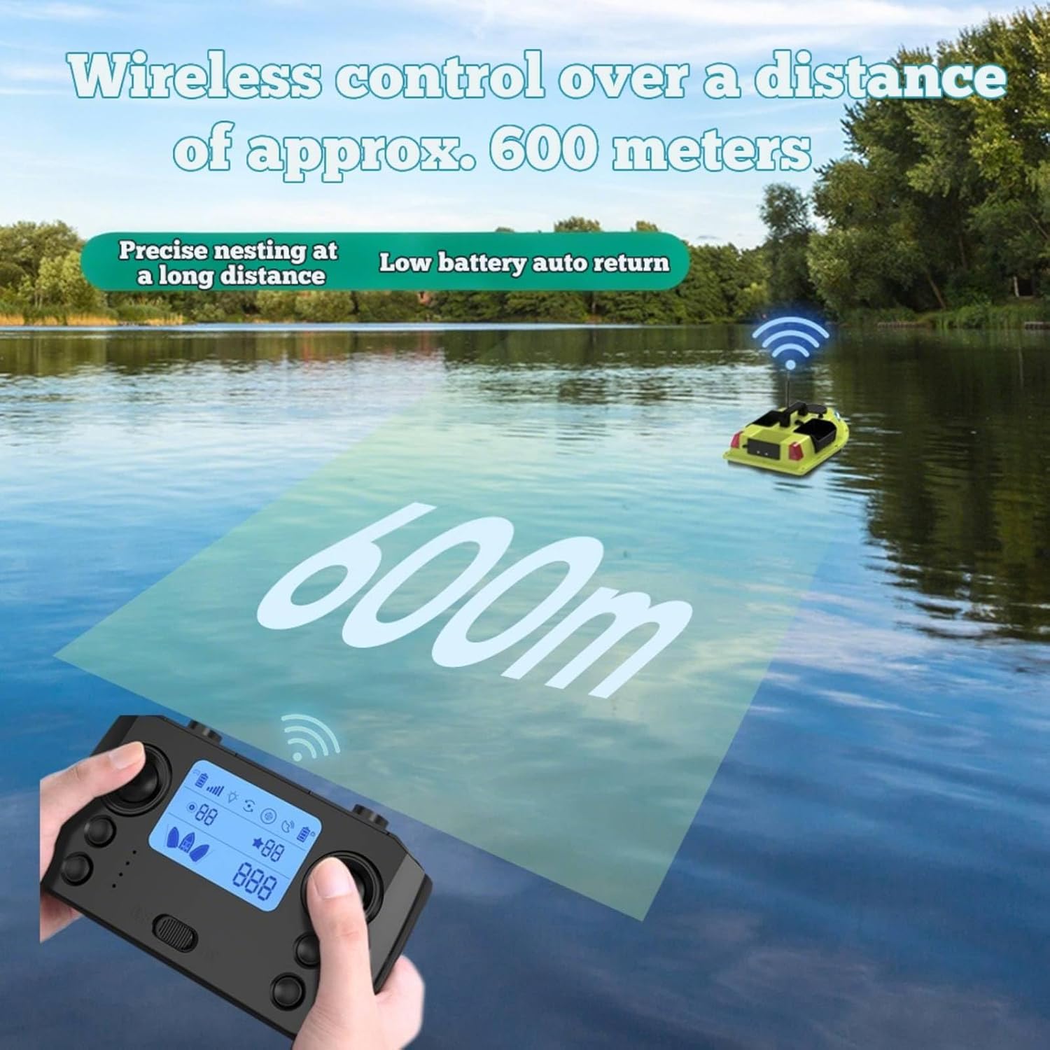 RC Fishing Boat 52W 5.91ft/s Bait Boat High Speed RC Fishing Bait Boat for Ocean Lake Fishing, 600M Range 99 Points, with 1*5200mAh Lithium Battery, 4.4lbs Load, Cruise Control (Green(no light strip))