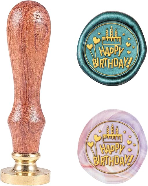 SUPERDANT Wax Seal Stamp Happy Birthday Cake Pattern 25mm Sealing Wax Stamp with Brass Seal Wood Handle for Greeting Card, Wedding Invitation, Envelope Decoration, Gift Wrapping