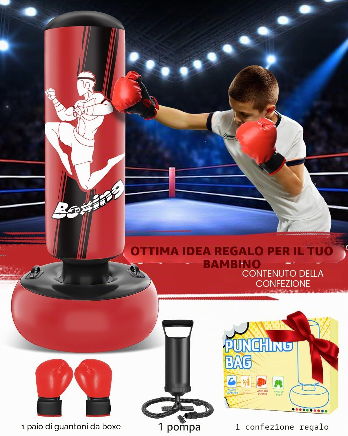Sacco da boxe bambini - Set di sacco boxe autoportanti da 160 cm con guantoni da boxe - Sacco da kickboxing gonfiabile Dinosauro feroce per allenamento Karate Taekwondo MMA