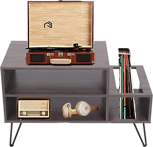 Gtouse Soporte grande para tocadiscos con 3 gabinetes, soporte de exhibición de 3 niveles de mediados de siglo, mesa giratoria de almacenamiento de