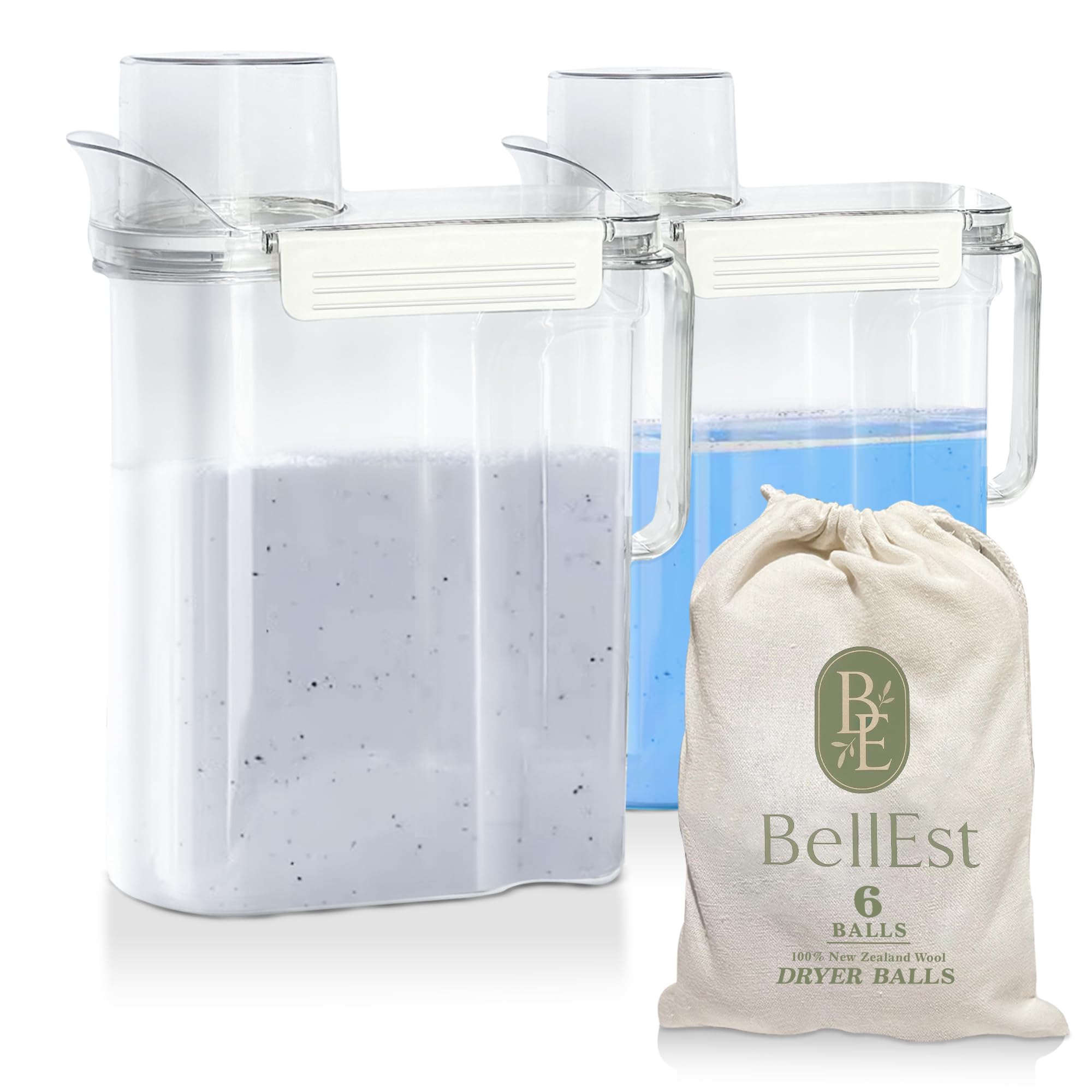 BellEst 2 Pack 101 oz Plastic Detergent Dispenser , Laundry Detergent Dispenser with Handle for Better Grip , Laundry Soap Dispenser with 6 Pieces of
