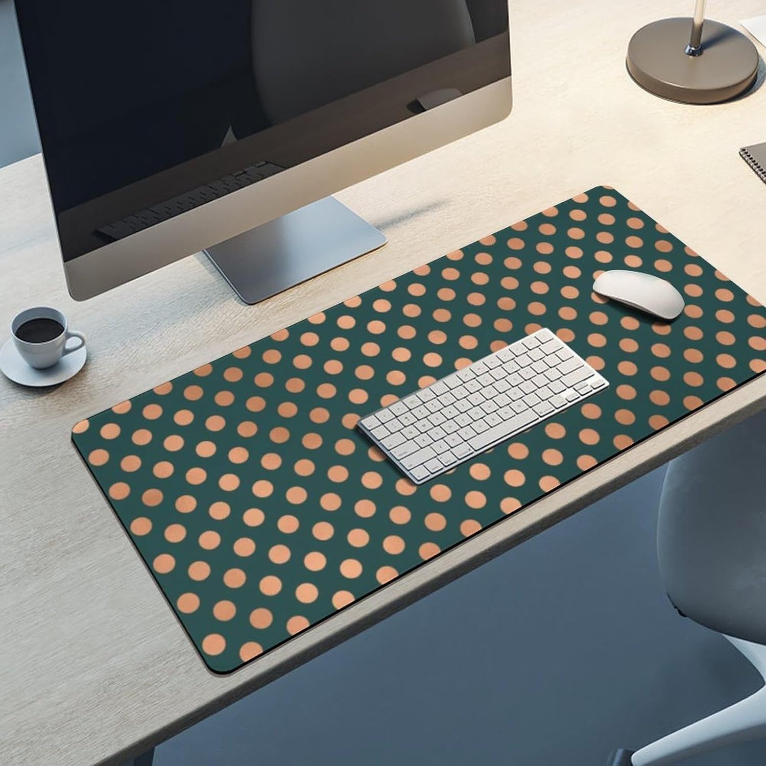 Desk Mat Large Mouse Pads, Polka Dots Rose Gold Blush Teal Green Desk Pad with Stitched Edges Writing Mat for Computer Laptop, Office Desktop & Gamer Keyboard 16 x 36inch