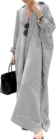 utcoco Womens Striped Long Sleeve Dress Casual Loose Button Down Cotton Maxi Shirt Dress