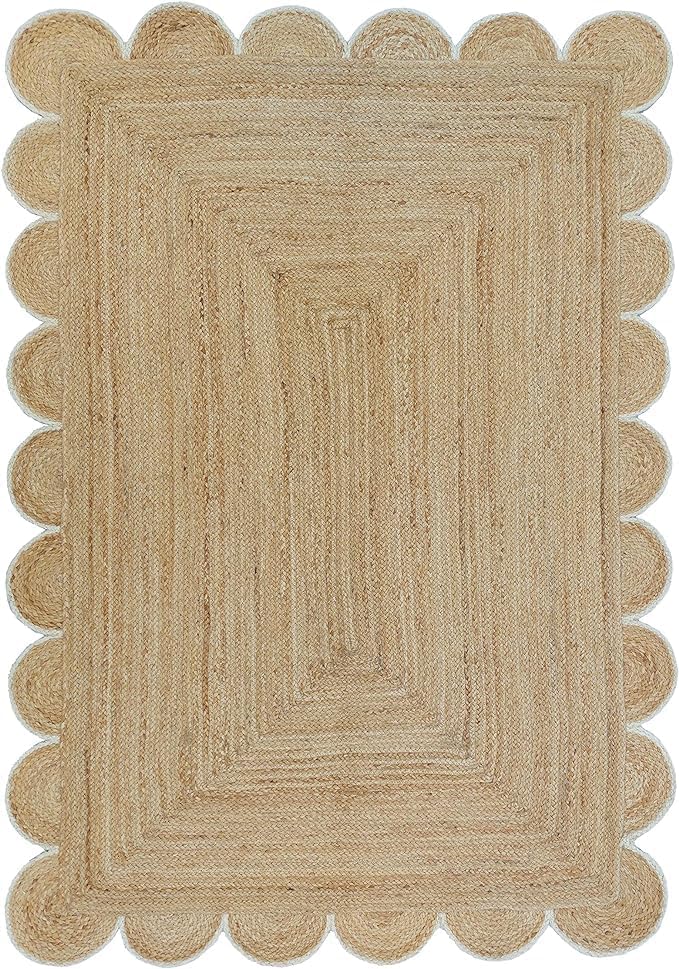 knight fury Scalloped Natural Jute Area Rug, Hand Woven Classic Rug Kitchen Rugs, Rugs for Living & Bedroom (White, 2x3 feet)