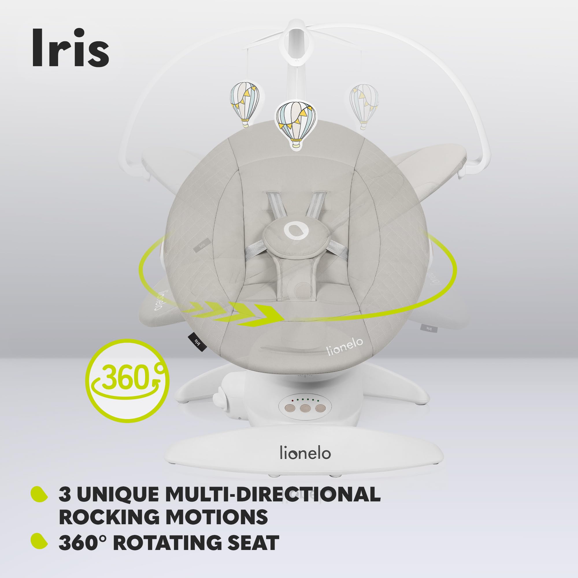 LIONELO Iris sdraietta neonati girevole su 360o per bambini fino a 9 kg Regolazione dello schienale, 5 velocità di oscillazione Cinture di sicurezza Antiscivolo, 12 Melodie Archetto con giocattolo