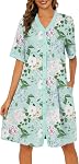 YOZLY Womens Cotton House Dress Short Sleeve Button Down Nightgown with Pockets V Neck Floral Housecoat Soft Lounge Sleepwear