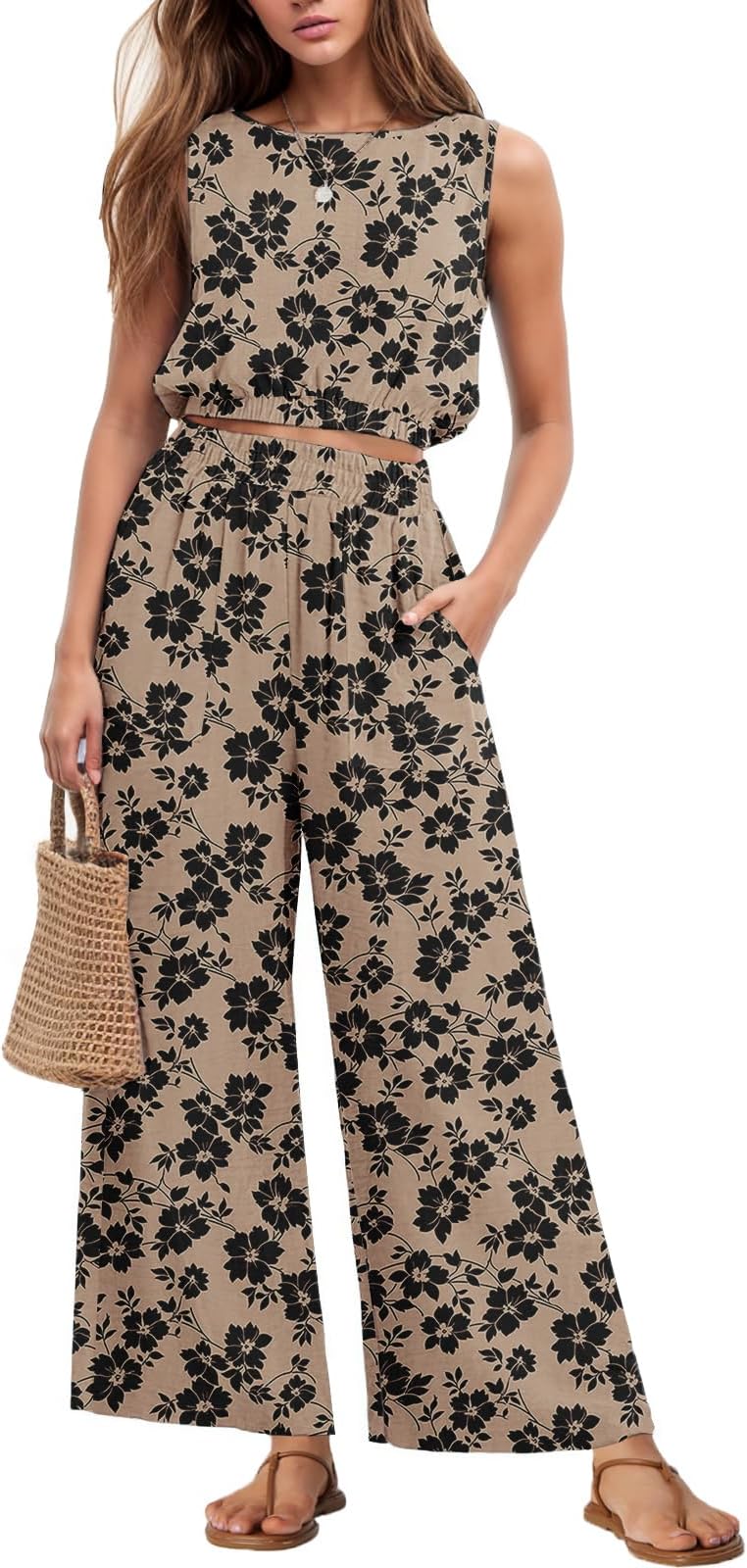 Two Piece Sets for Women Sleeveless Crop Top Wide Leg Pants Sweat Set for Women Tracksuits 2026 Summer