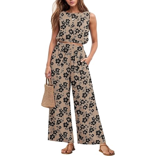 GRECERELLE Two Piece Sets for Women Sleeveless Crop Top Wide Leg Pants Sweat Set for Women Tracksuits 2025 Summer