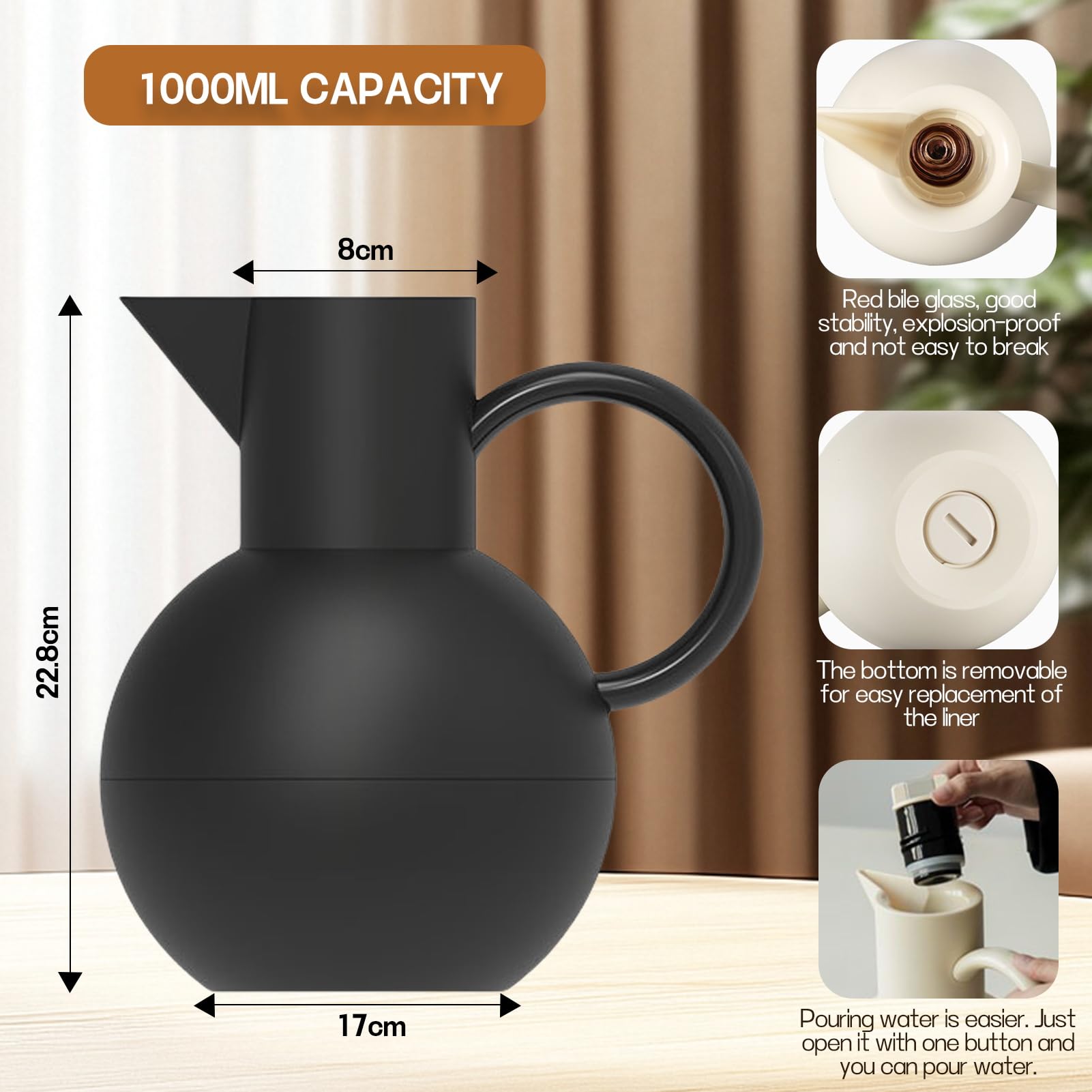 Thermoskanne Kaffeekannen Vakuum Isolations, Sphärisches Design, Heißer Und Kalter Teekaffee, Mit Einfachem Sicherheitsschubknopf, Thermosflasche Für Zuhause, Büro, Hotel (Schwarz,1L)