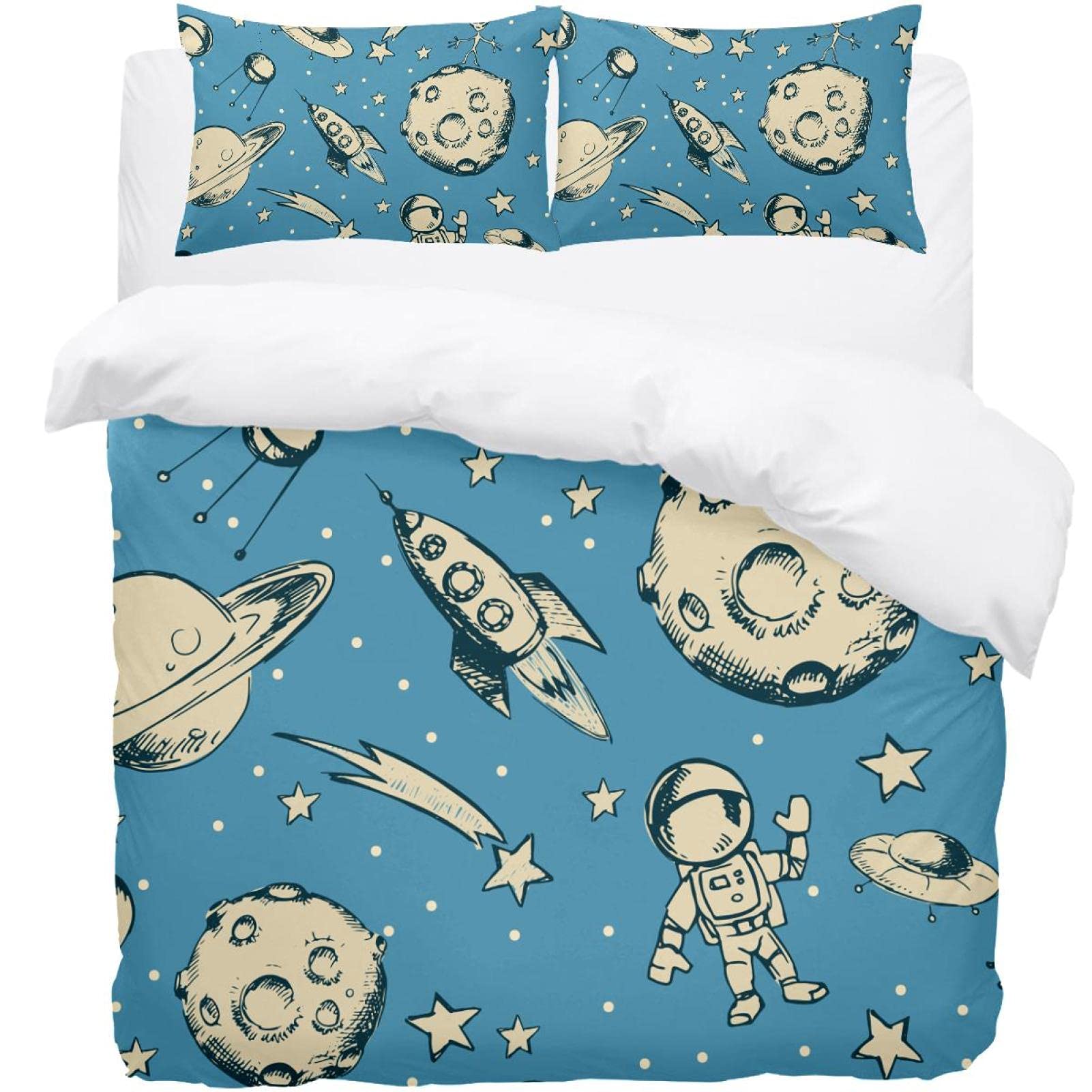 Housse de couette bleu 3 pièces avec motif imprimé espace et étoiles