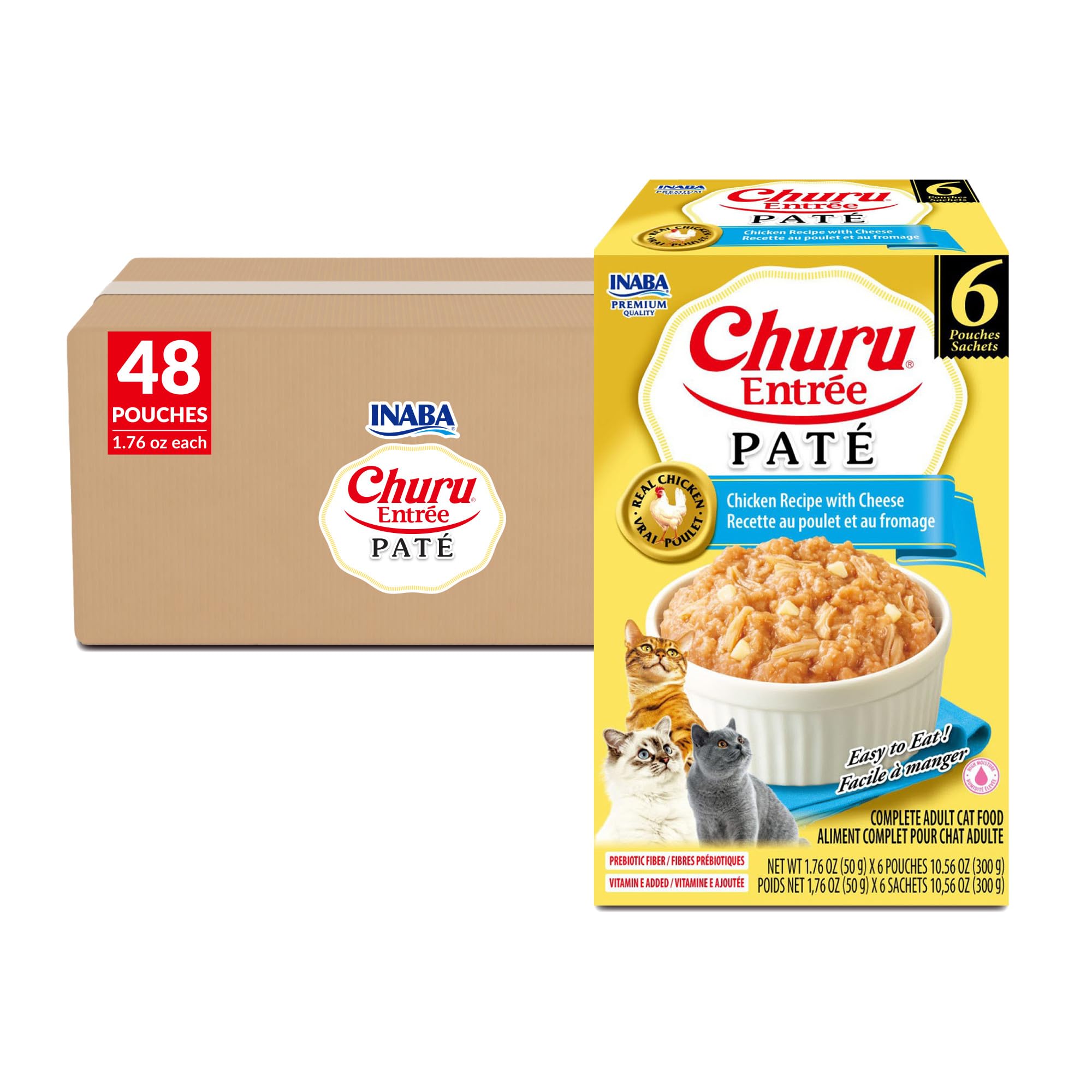 INABA Churu Entrée Pate for Cats, High Protein &amp; Moisture, Prebiotic Wet Cat Food, 1.76oz. per Serving, 48 Pouches, Chicken with Cheese Recipe
