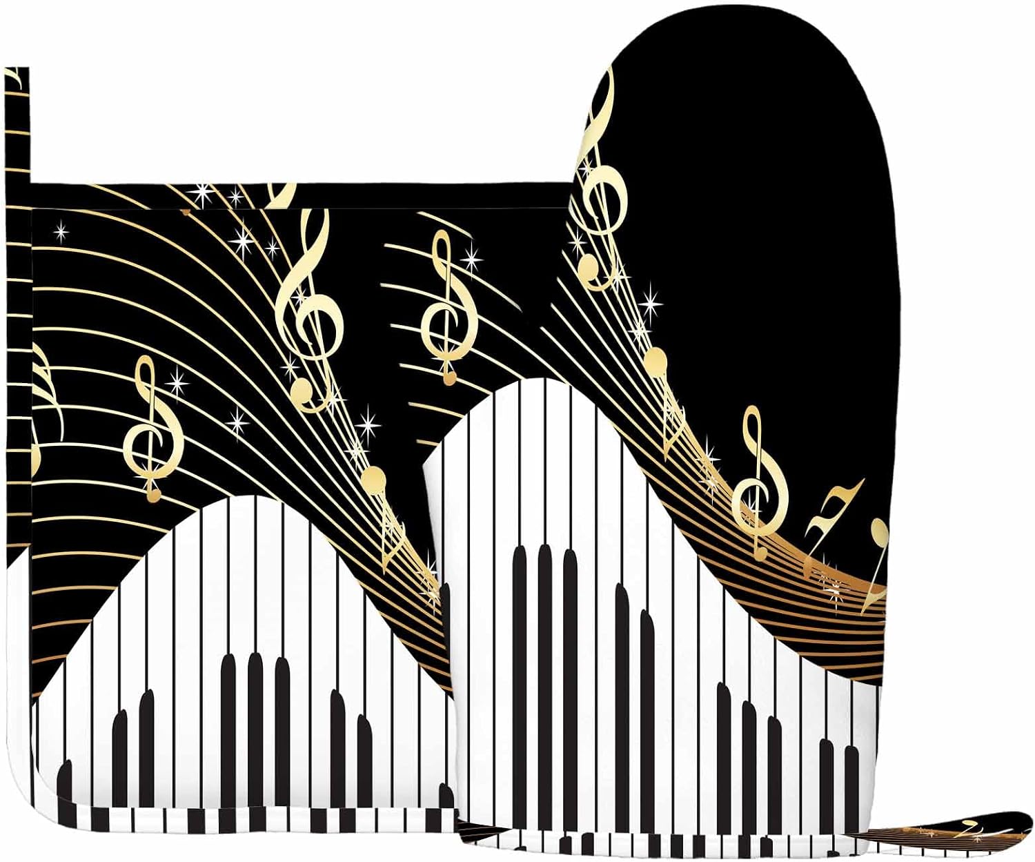 Mxocom Piano and Music Note Heat-Resistant Oven Mitts and Pot Holder Instrument Melodic Letter Twinkle Black Kitchen Non-Slip Cooking Microwave Gloves for Cooking Baking Grilling image 2