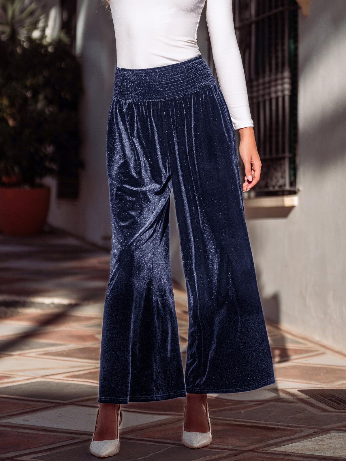 CUPSHE Pantaloni da donna in velluto, vita alta elastica, gamba larga, pantaloni a palazzo pantaloni eleganti in velluto con tasche