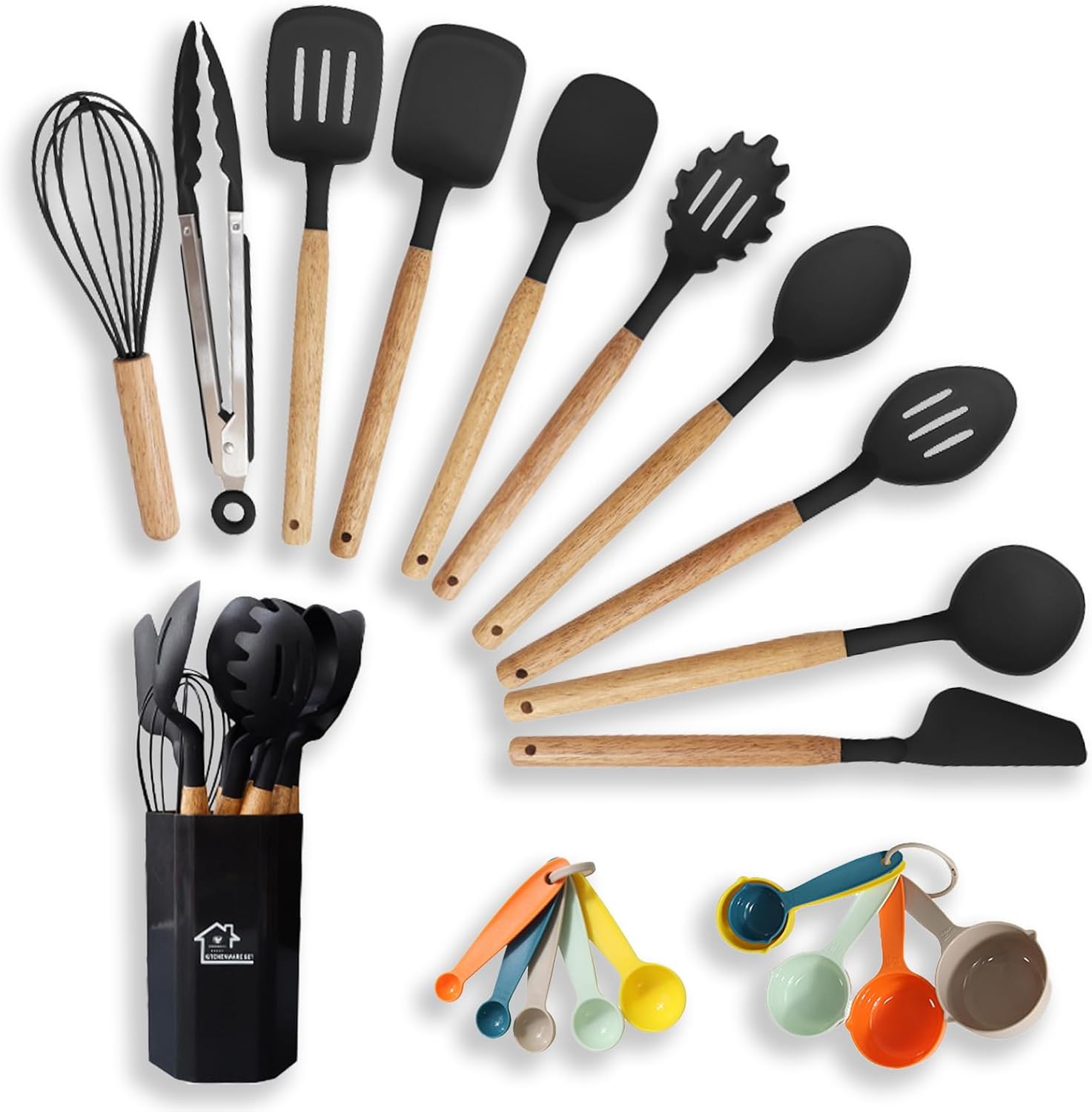 Kitchen Cooking Utensils Set, 21 pcs Non-Stick Silicone Cooking Kitchen Utensils Spatula Set with Holder, Wooden Handle Silicone Kitchen Gadgets Utensil Set, Black Kitchen Cooking Utensils Set, 21 pcs Non-Stick Silicone Cooking Kitchen Utensils Spatula Set with Holder, Wooden Handle Silicone Kitchen Gadgets Utensil Set, Black