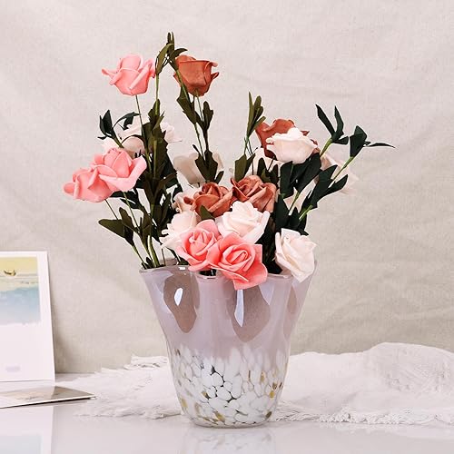 Miniatura 3 de Florero de vidrio rosa soplado a mano, decoración de jarrón de boca ancha ondulada, jarrón de vidrio único para centro de mesa de comedor,