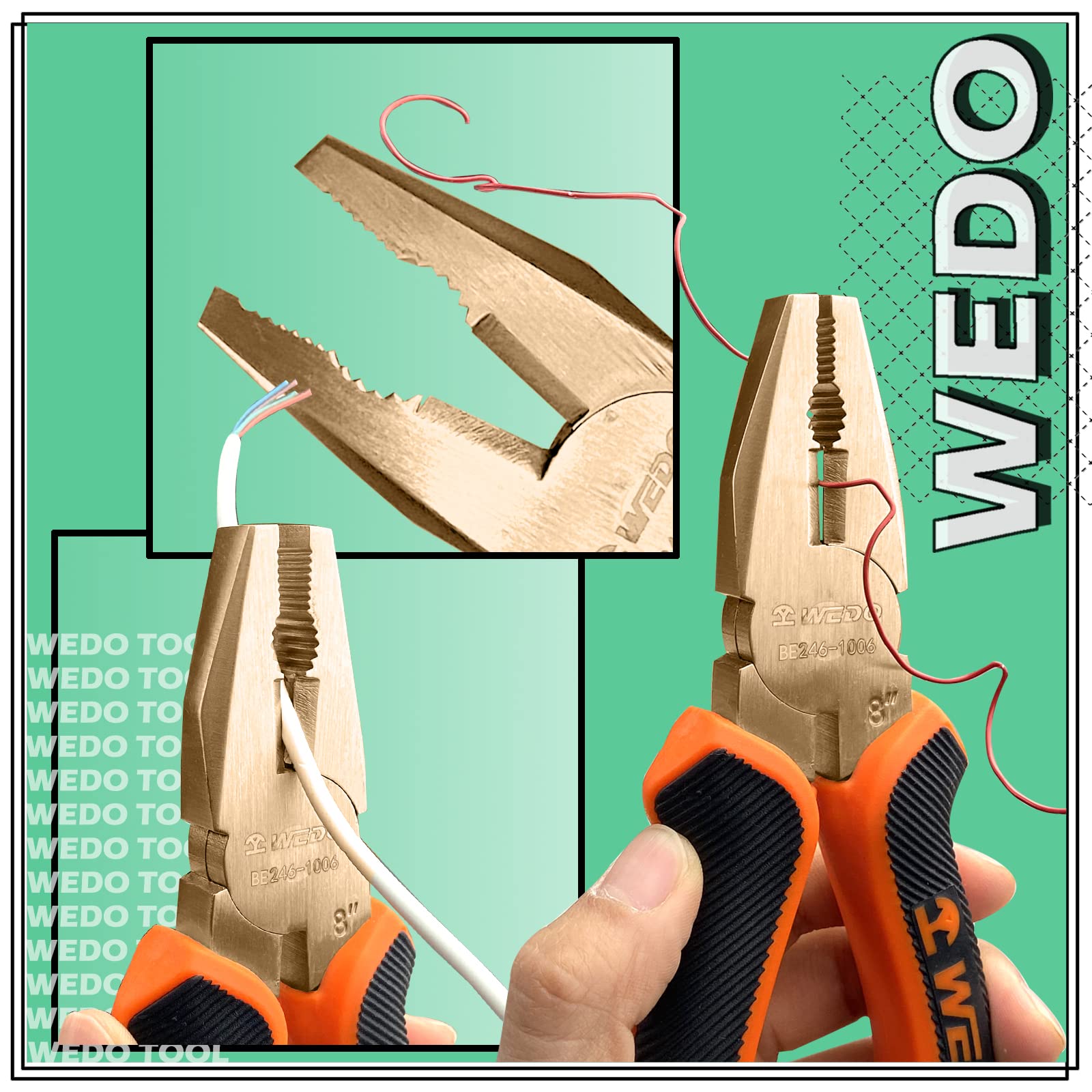 WEDO Nieiskrzące szczypce liniowe 17,8 cm, beziskrowe bezpieczne szczypce do cięcia bocznego, szczypce kombinowane, ściągacze drutu, zaciskarka, niemagnetyczne, standard DIN, certyfikat BAM i FM,