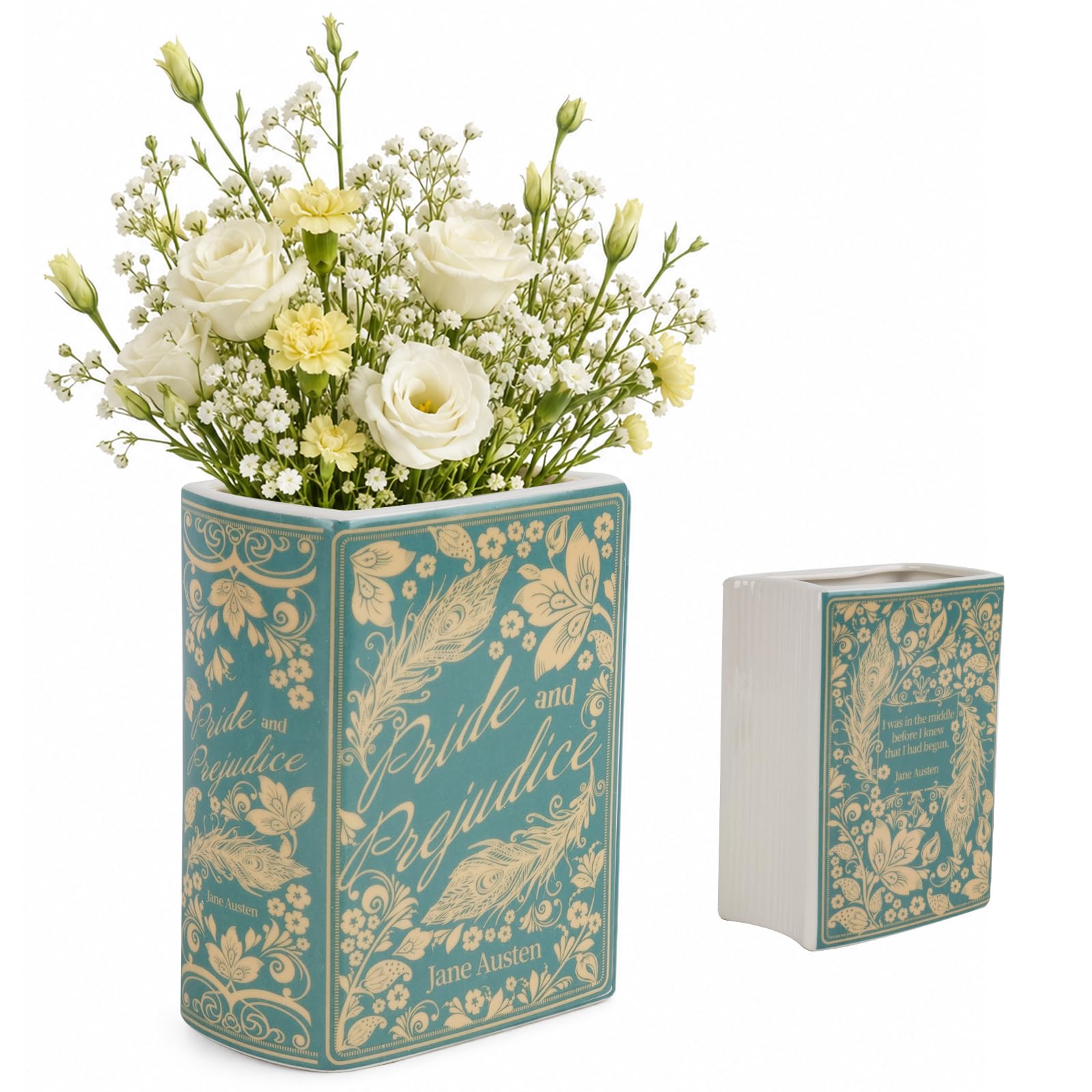 RNPKZ Ceramic Book Vase for Flower, Small Book Shaped Decorative Vase, Aesthetic Book Flower Vase,Vintage Unique Book Shaped Vase for Bookshelf Dcor Room Home Book Lovers Gifts (Pride and Prejudice-C)