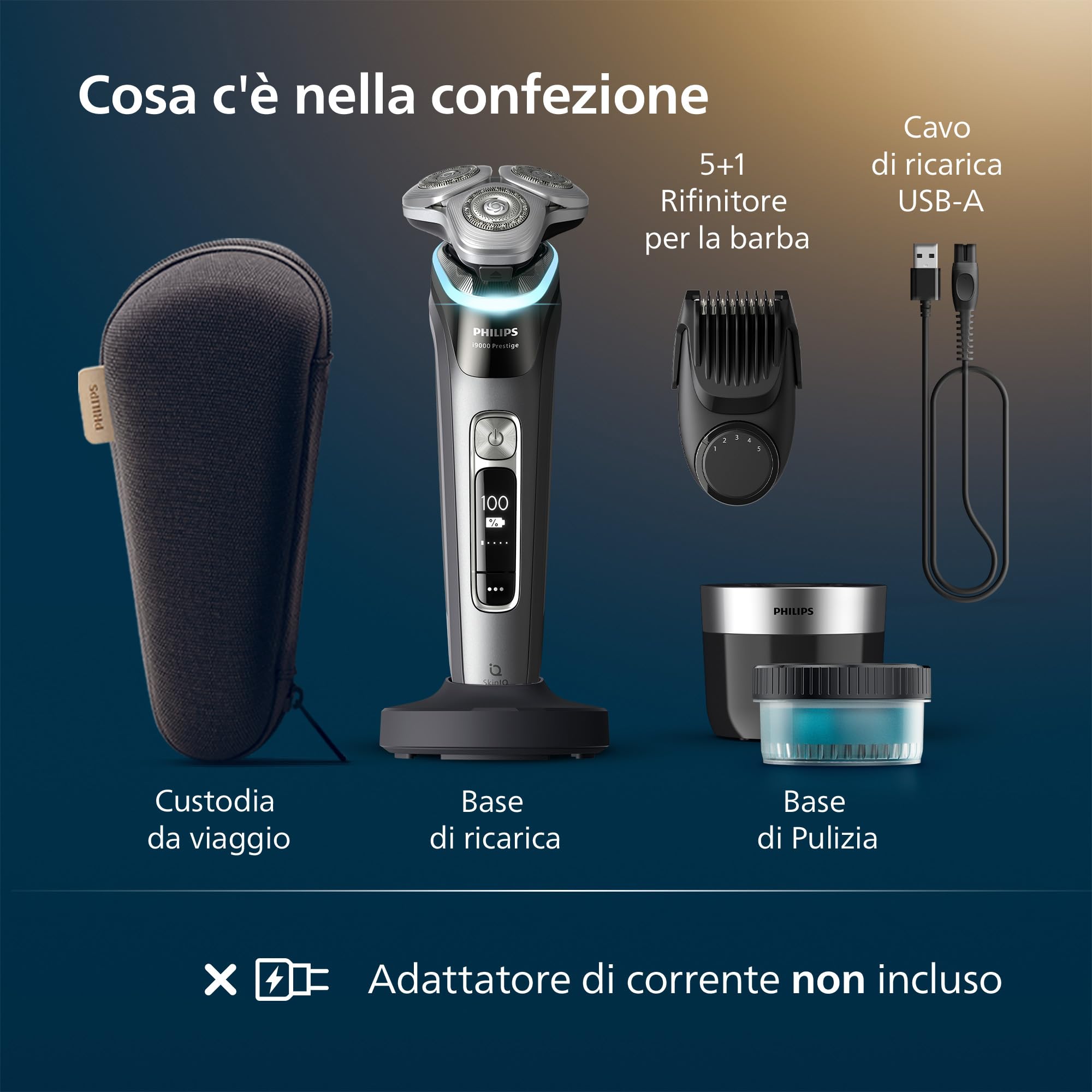 Philips Shaver i9000 Prestige, rasoio elettrico Wet & Dry, tecnologia Skin IQ, triplo sistema di sollevamento e taglio, doppie lame di precisione in acciaio 360º, styler per barba, modello XP9202/33