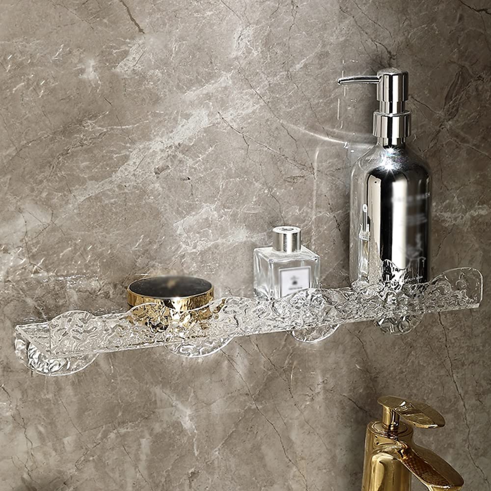 QRZCZXNP Bathroom Corner Shower Caddy Organizer Shelf with Wall Mounted Mirror and Punch Free Installation Acrylic Glacier Design