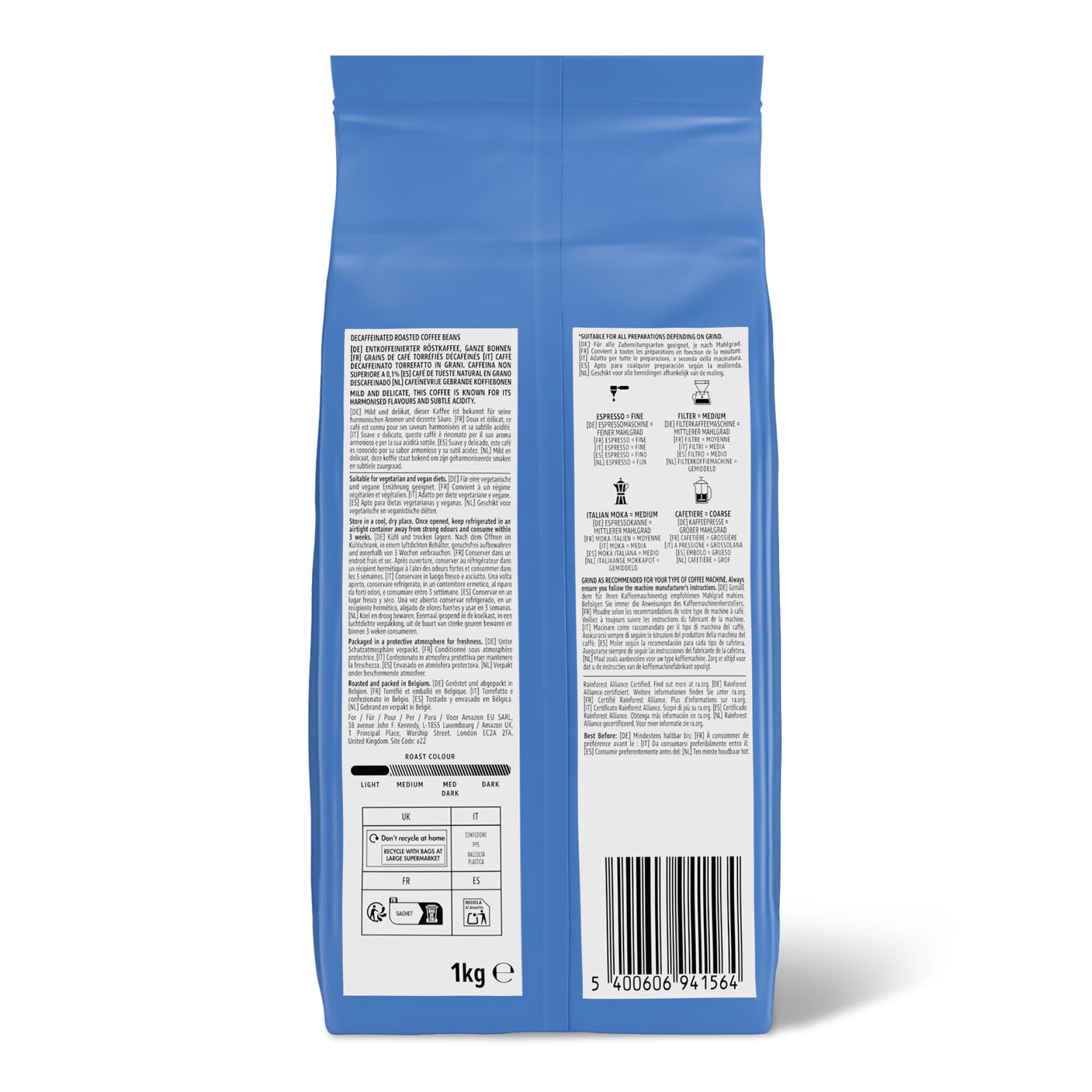 by Amazon Kaffeebohnen, Entkoffeiniert, Lichte Röstung, 2 kg (2 Packungen mit 1 kg), Rainforest Alliance Zertifiziert