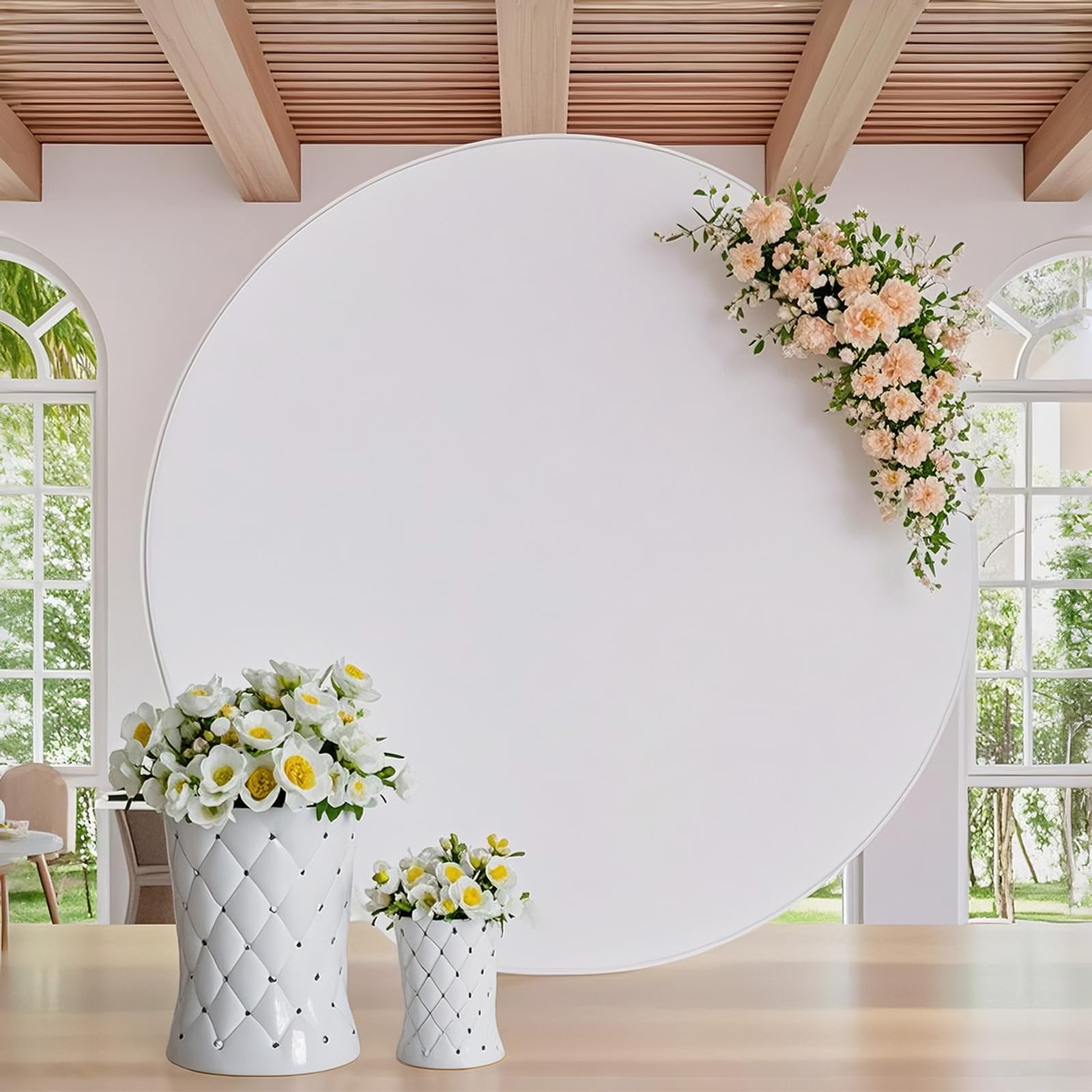 White Round Backdrop Cover 7.2ft for Wedding Circle Arch Backdrop Cover White Polyester Back Drop for Party Baby Shower Bridal Shower Home Decoration