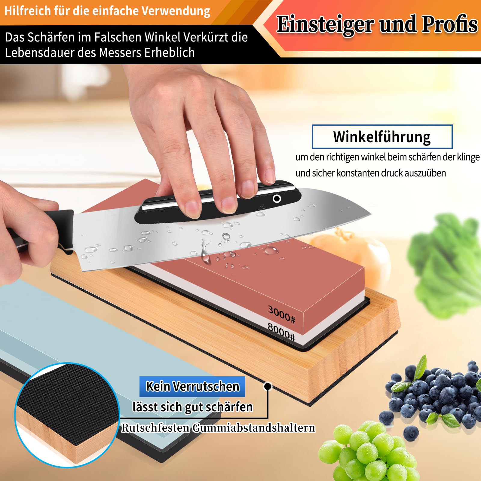 Pietra per Affilare 400/1000 3000/8000 Grana,Pietra Affilacoltelli Professionale con Base Antiscivolo in Bambù,Pietra per Appiattir,Guida Angolare,Strisce in pelle