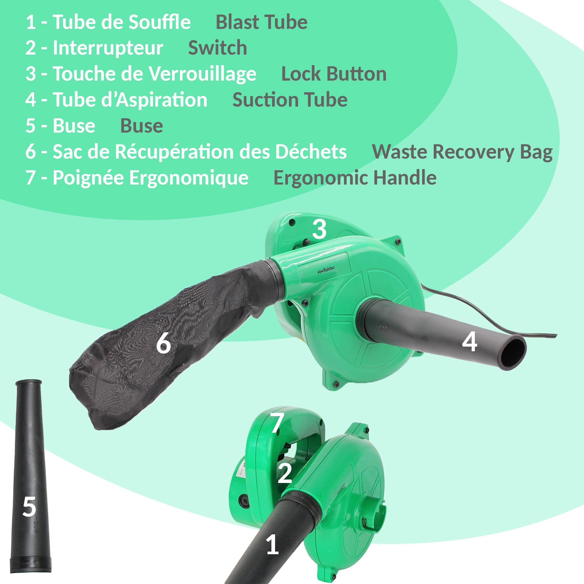FISHTEC - Mini Soffiatore di Foglie Elettrico - Reversibile in Aspirapolvere con Sacchetto di Recupero - Lunghezza Cavo 2M - 500 W - 40CM - Verde - Compatto, Pratico e Leggero - Giardino