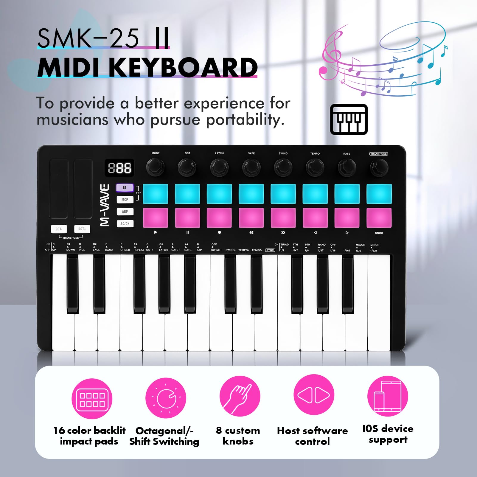 Tastiera Musicale, tastiera MIDI migliorata, tastiera arranger portatile ricaricabile, tastiera RGB pad, SMK-25II, nero e bianco, batteria integrata