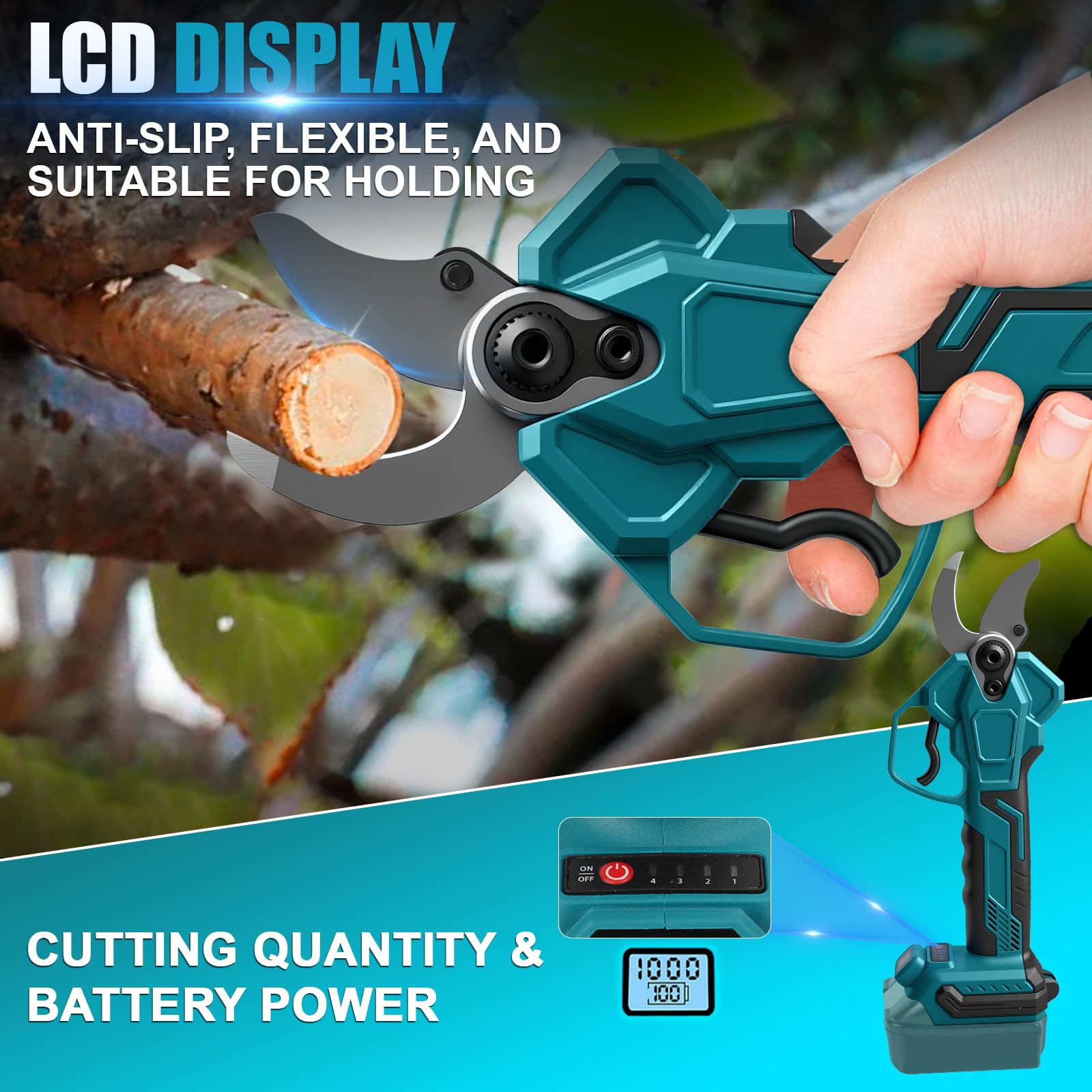 Tijeras de podar compatibles con Makita 18 V, apertura de 65 mm, polo de 2 m | 40 mm de diámetro de corte, pantalla LCD, tijeras de podar eléctricas para podar ramas de árboles, flores (no batería)