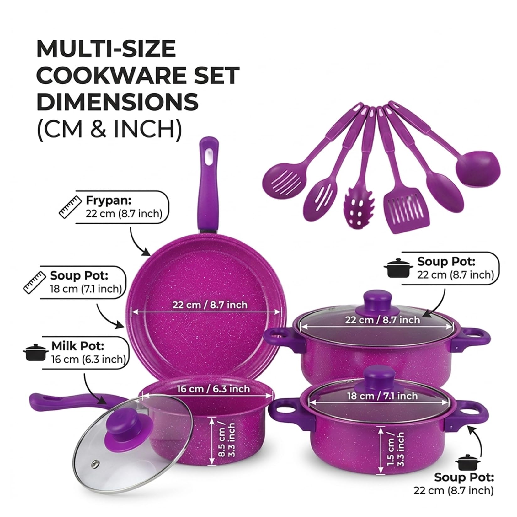 Set di pentole antiaderenti, pentole e padelle antiaderenti da 13 Pezzi con Padella, pentolino per Il Latte e Utensili per la Cucina casalinga, Viola